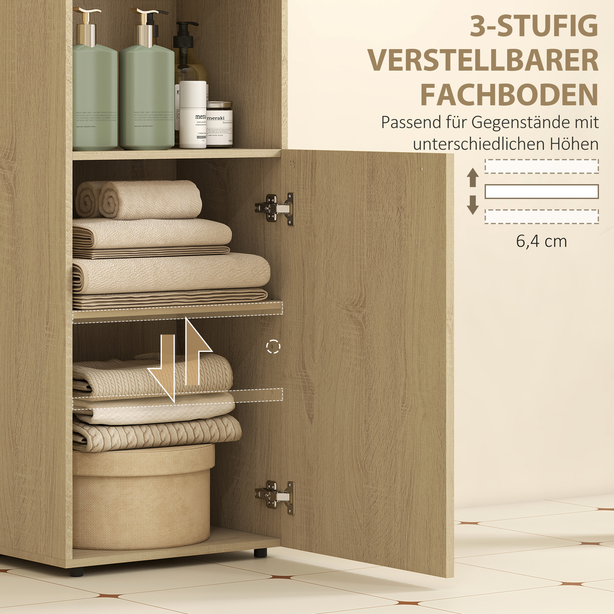 Badezimmerschrank Nischenschrank mit Schrank, offen Regal, verstellbar Regal, Badschrank, 40 x 31 x 104 cm, Gelbeiche