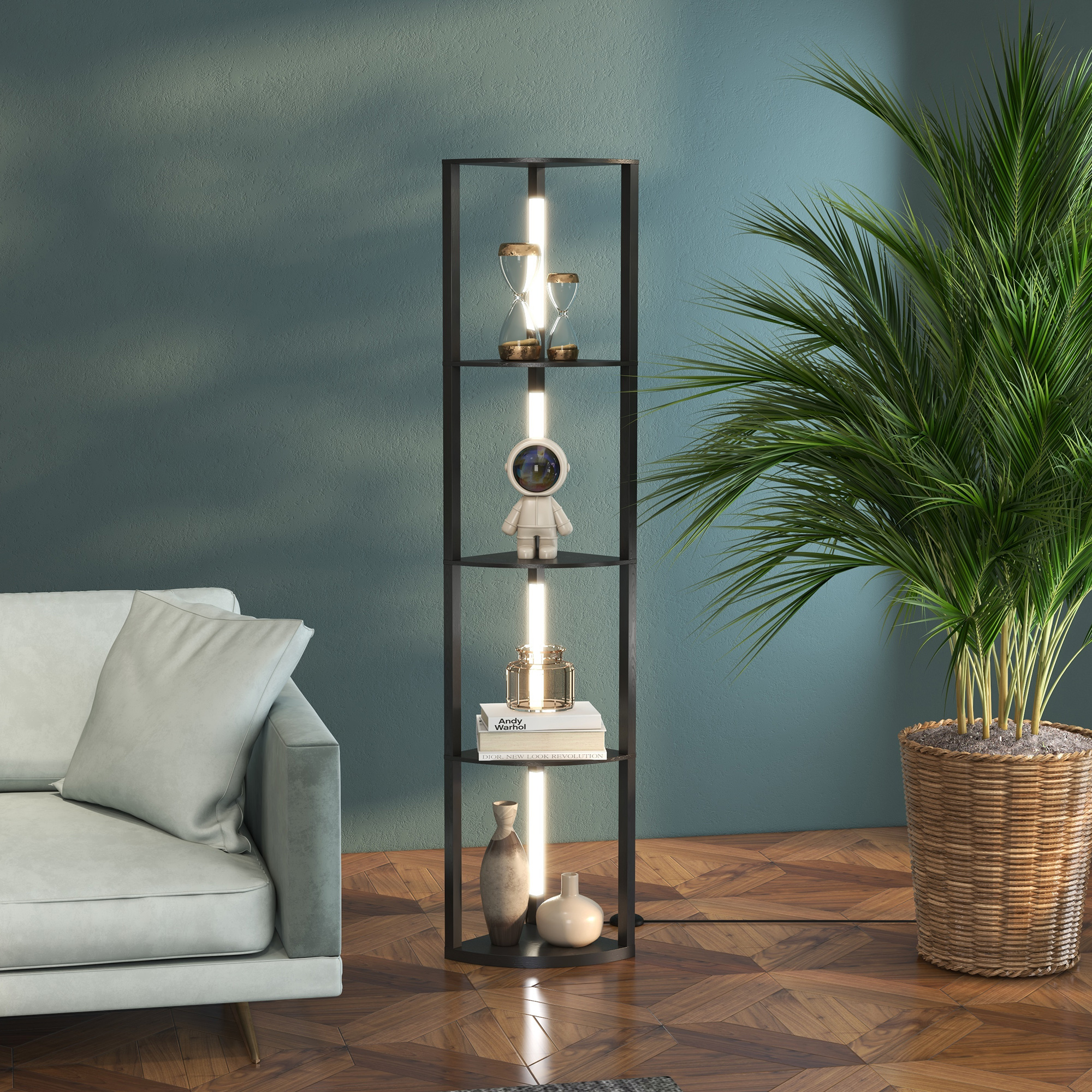 LED Standleuchte, Eckregal, dimmbar, 4 Ablagen, warmweißes Licht, 41x30x164cm, Schwarz