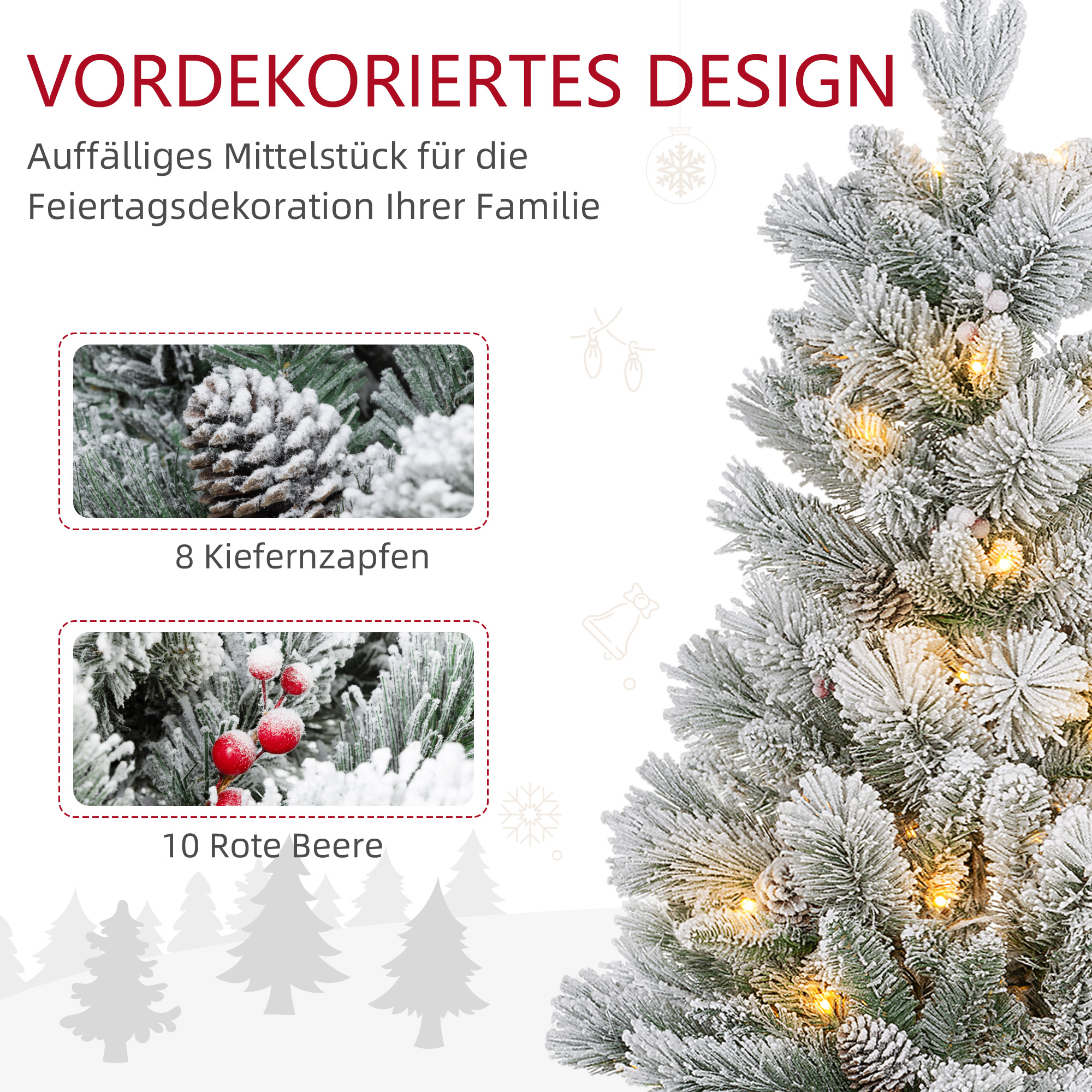 Weihnachtsbaum mit LED-Beleuchtung, 2er-Set, 107 cm, Tannenzapfen, rote Beeren, feuersicher, Grün/Weiß