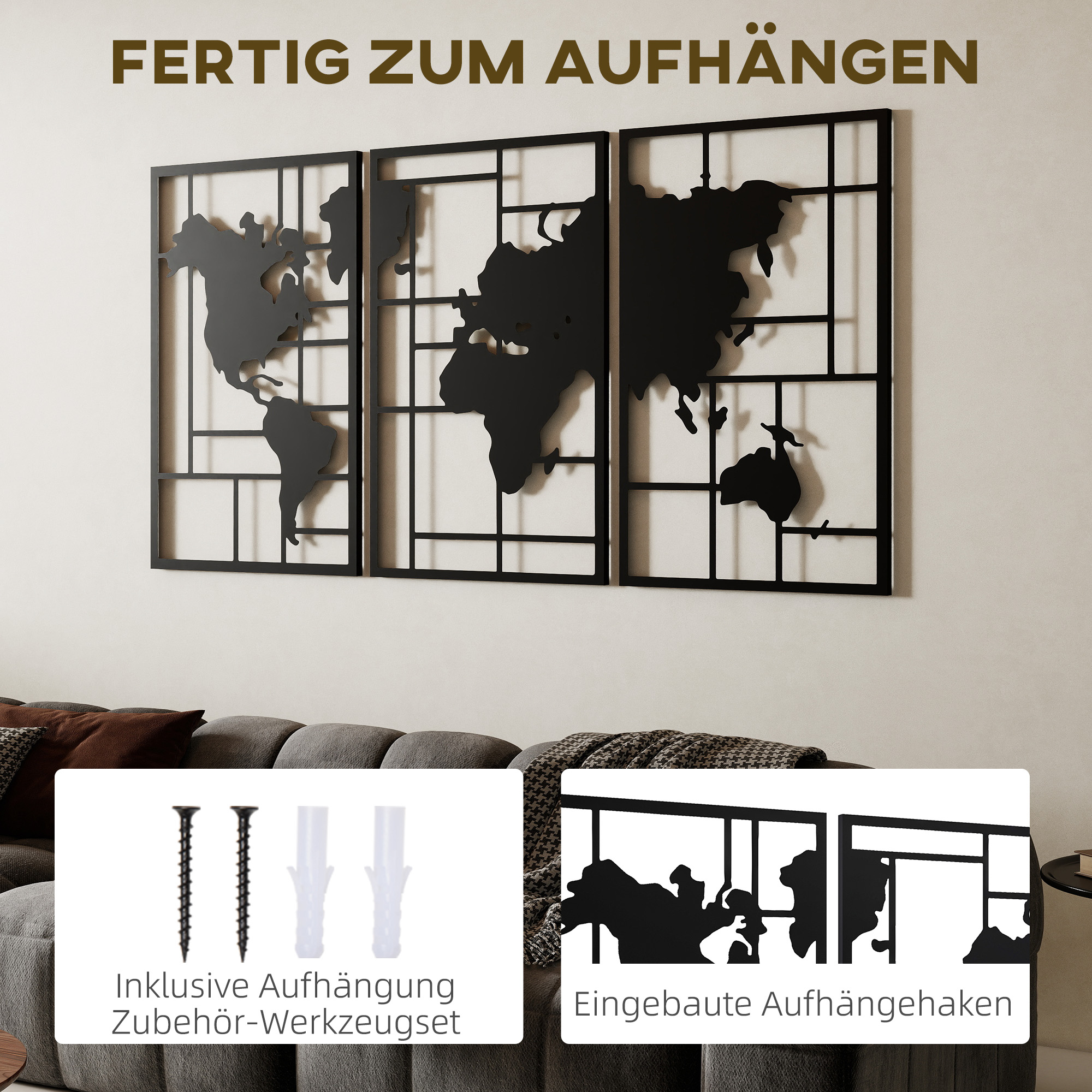 Wanddeko Metall 3 Stück Wanddekoration Weltkarte Wandkunst für Wohnzimmer Schlafzimmer Flur, 50 x 80 cm, Schwarz