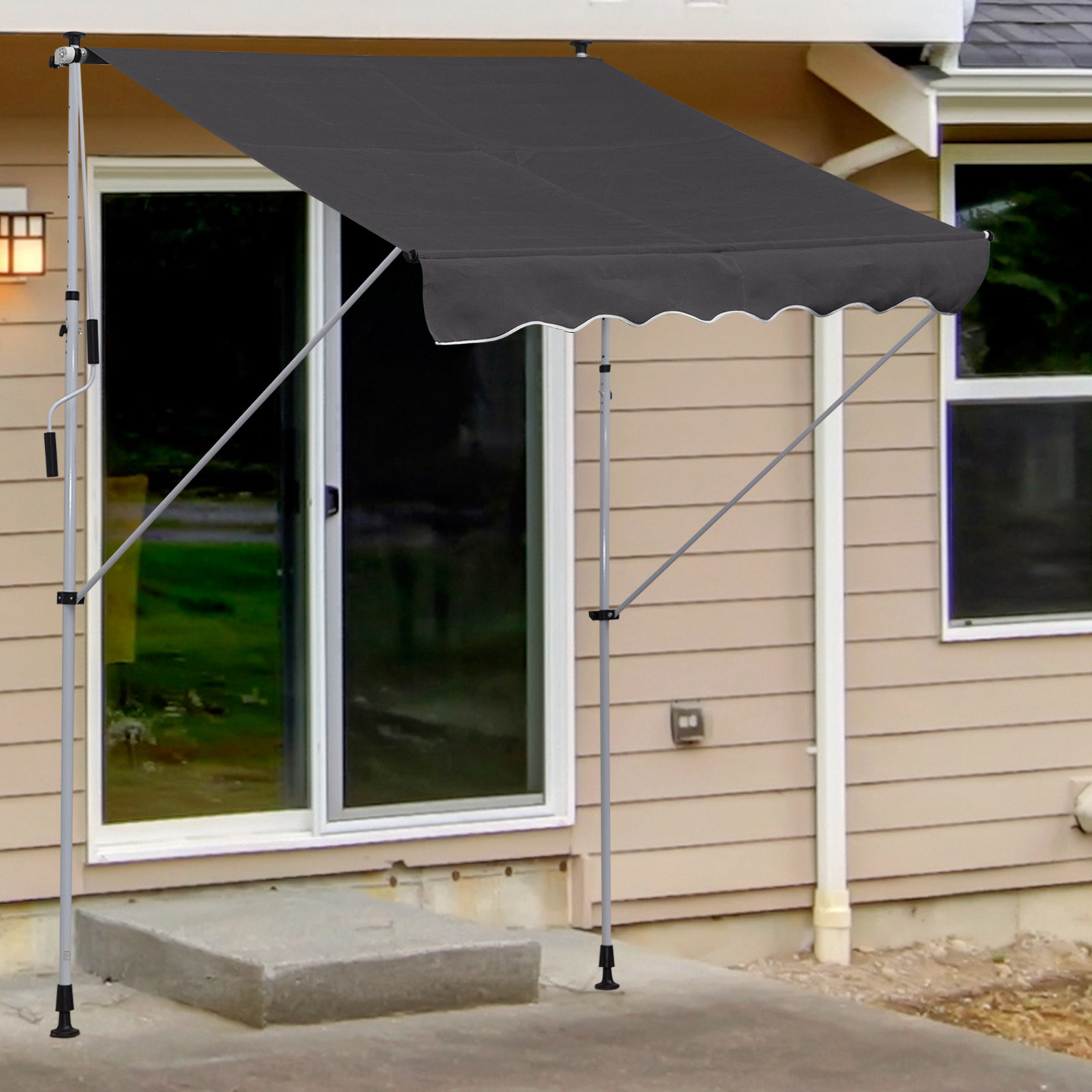Klemmmarkise mit Handkurbel höhenverstellbar Gelenkarmmarkise schmutzabweisend, witterungsbeständig Balkonmarkise 150cm breit Terrassenmarkise für Terrasse Balkon Veranda Grau