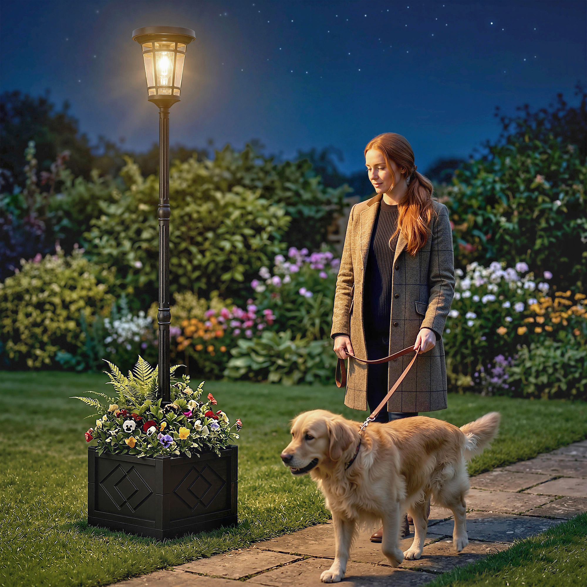 Solar Laterne Stehleuchte mit Blumentopf 195cm Außen Gartenlaterne mit 2 Helligkeitsstufen Lichtsteuerung Schalter IP44
