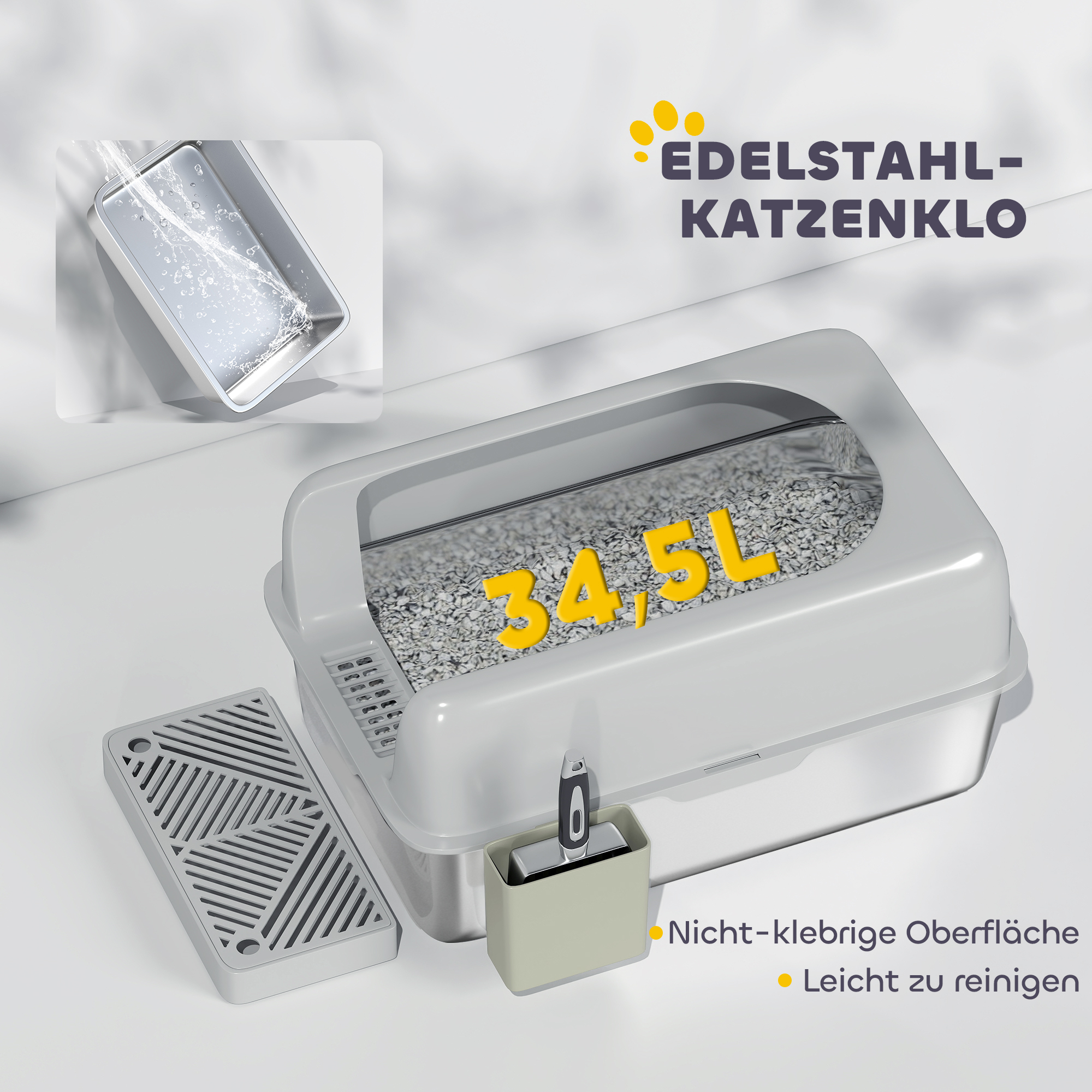 Katzentoilette, Katzenklo, Edelstahl, hohe Wände, Aufbewahrungsbox, Hellgrau