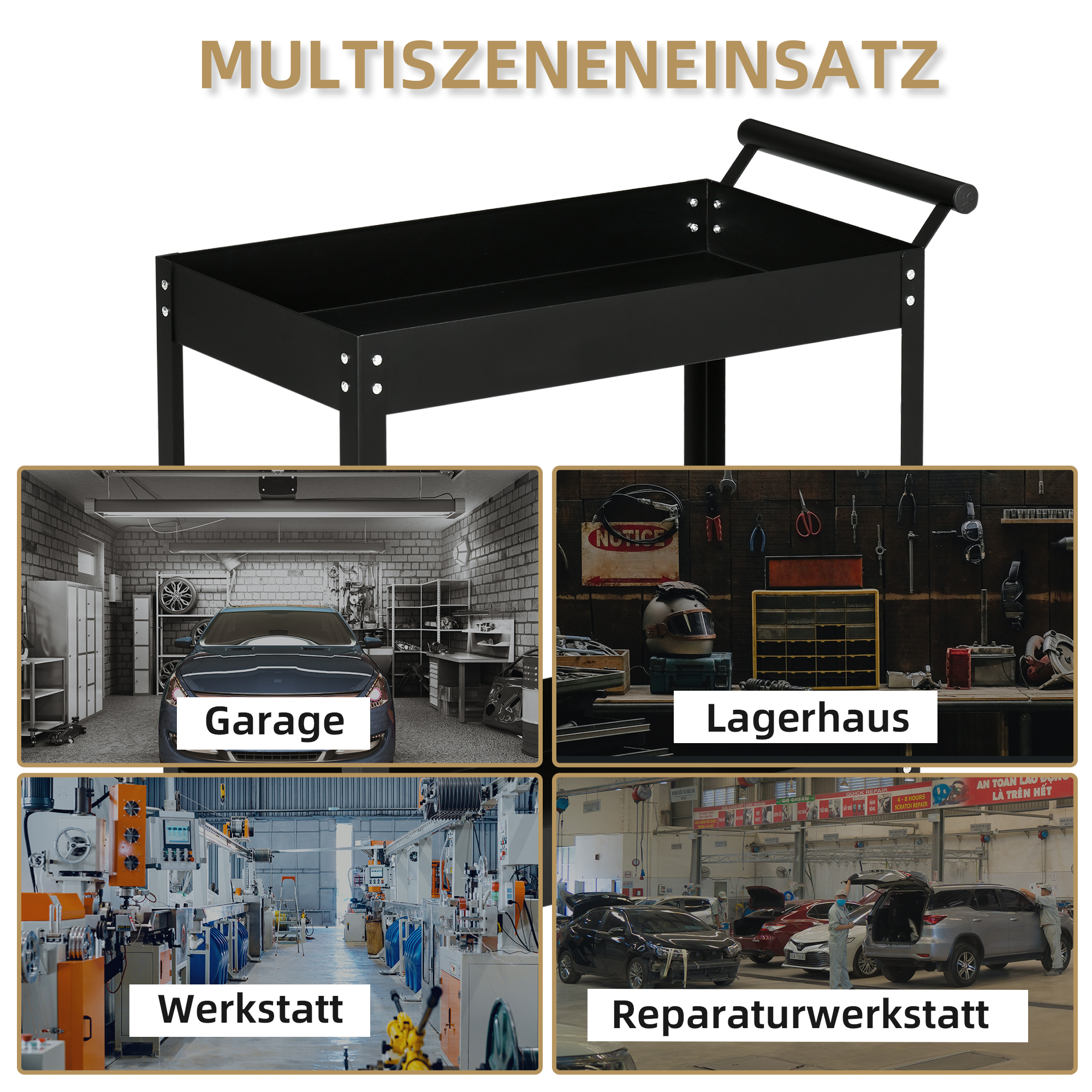 Werkstattwagen, 2 Etagen, Schubkarre, 4 Rollen, Stahl, bis 150 kg, 84,5 x 38 x 84 cm, Schwarz