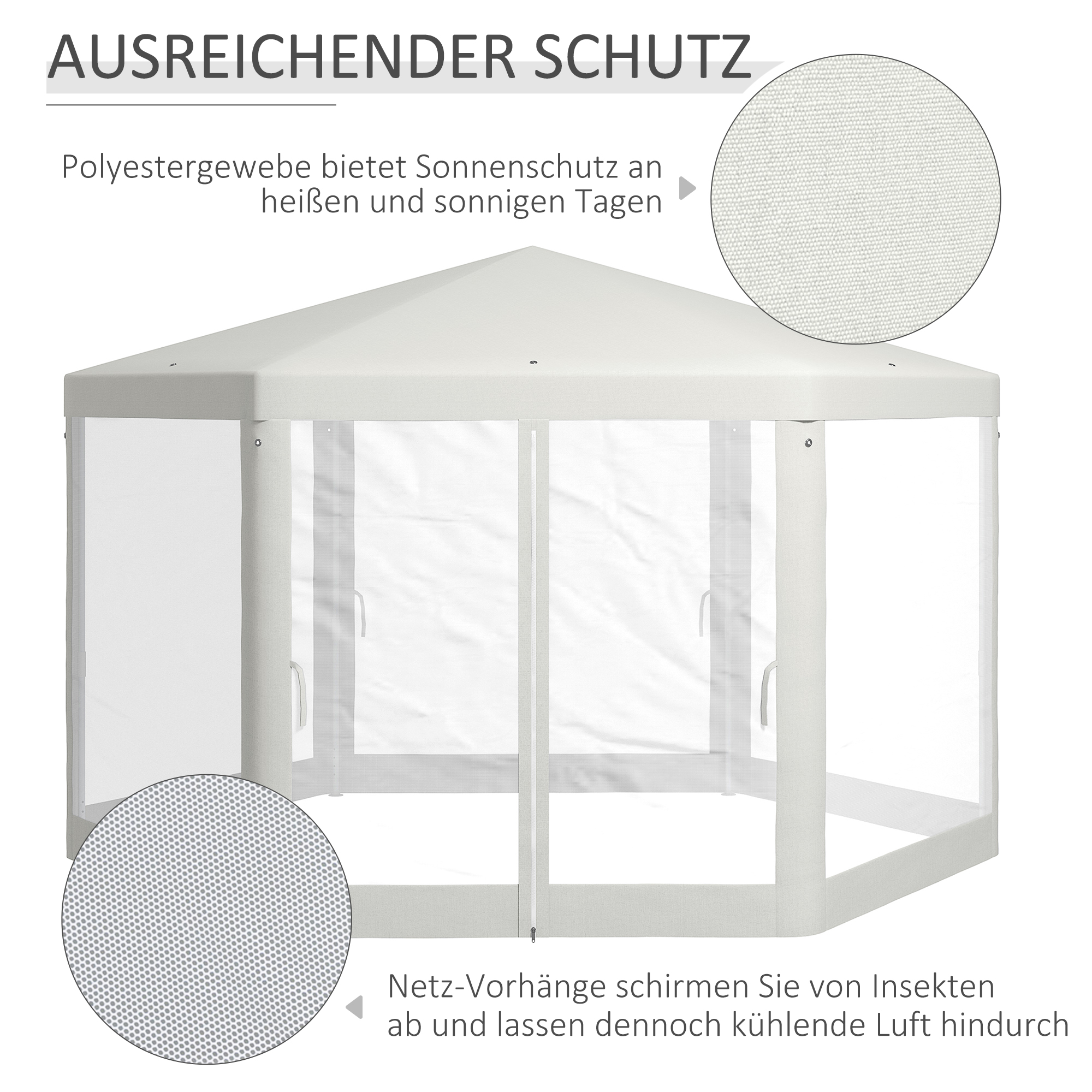 Gartenpavillon, 6-eckig, Netzvorhänge, Metallgestell, 3,94x3,412x2,5m, Creme