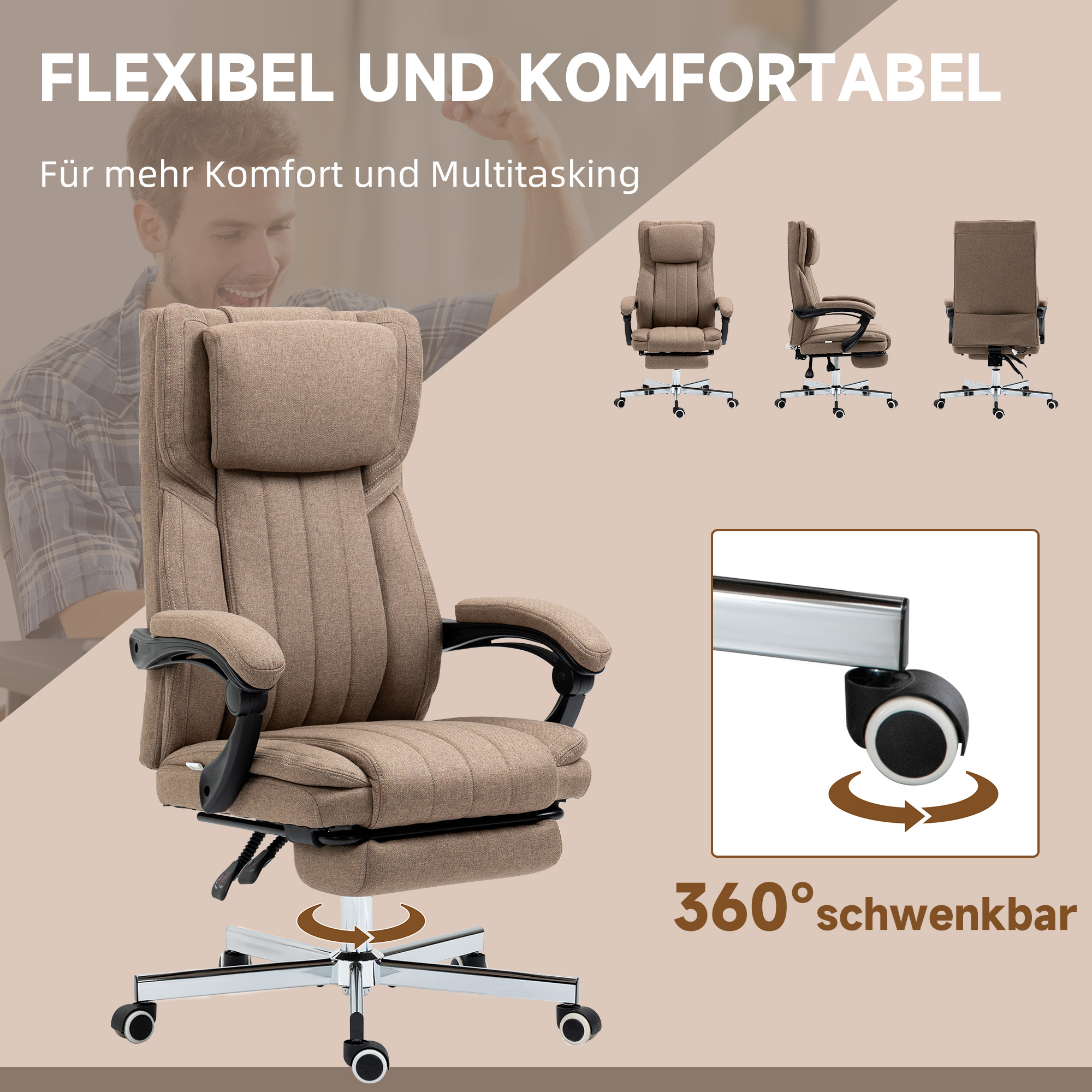 Bürostuhl mit Massagefunktion, neigbare Rücklehne, ausziehbare Fußstütze, Leinenoptik, 65 x 61 x 118 cm, Braun