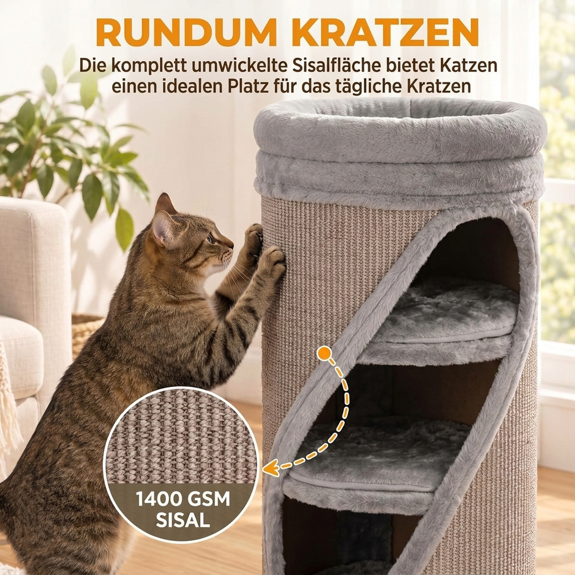 Kratztonne 75 cm Hoch Ø 35 cm 4-Stufige Katzentonne mit 3 Höhlen, abnehmbarem waschbarem Plüschbett Sisal-Kratzfläche