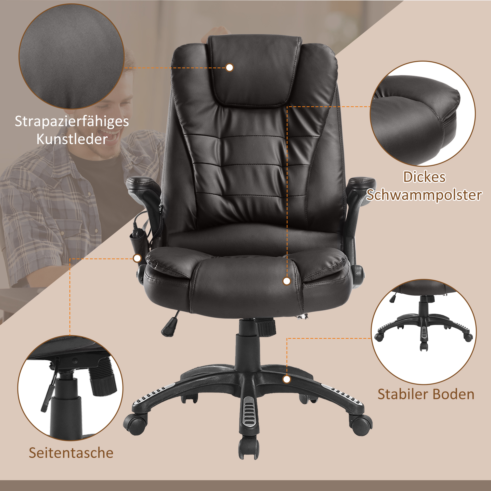 Bürostuhl mit Massagefunktion Ergonomischer Chefsessel mit Heizfunktion, Liegefunktion, Wippfunktion, Höhenverstellbar 360° Drehbar Schreibtischstuhl, Kunstleder, Braun
