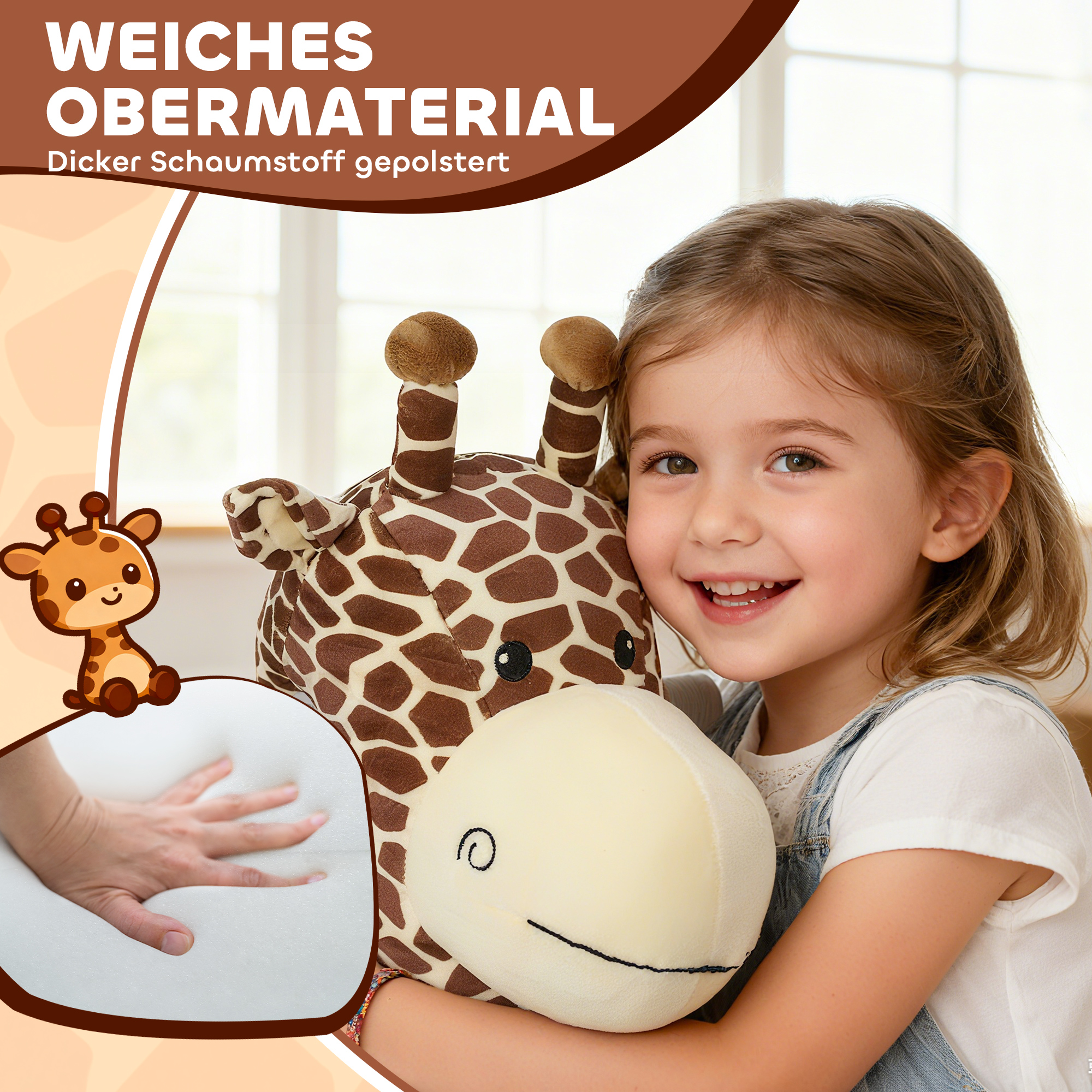 Giraffe zum Reiten, fahrendes Reitpferd in Giraffenform, Batteriebetrieb, waschbarer Bezug, Pedale, leise Räder, Musik, 1,5-5 Jahre, Braun