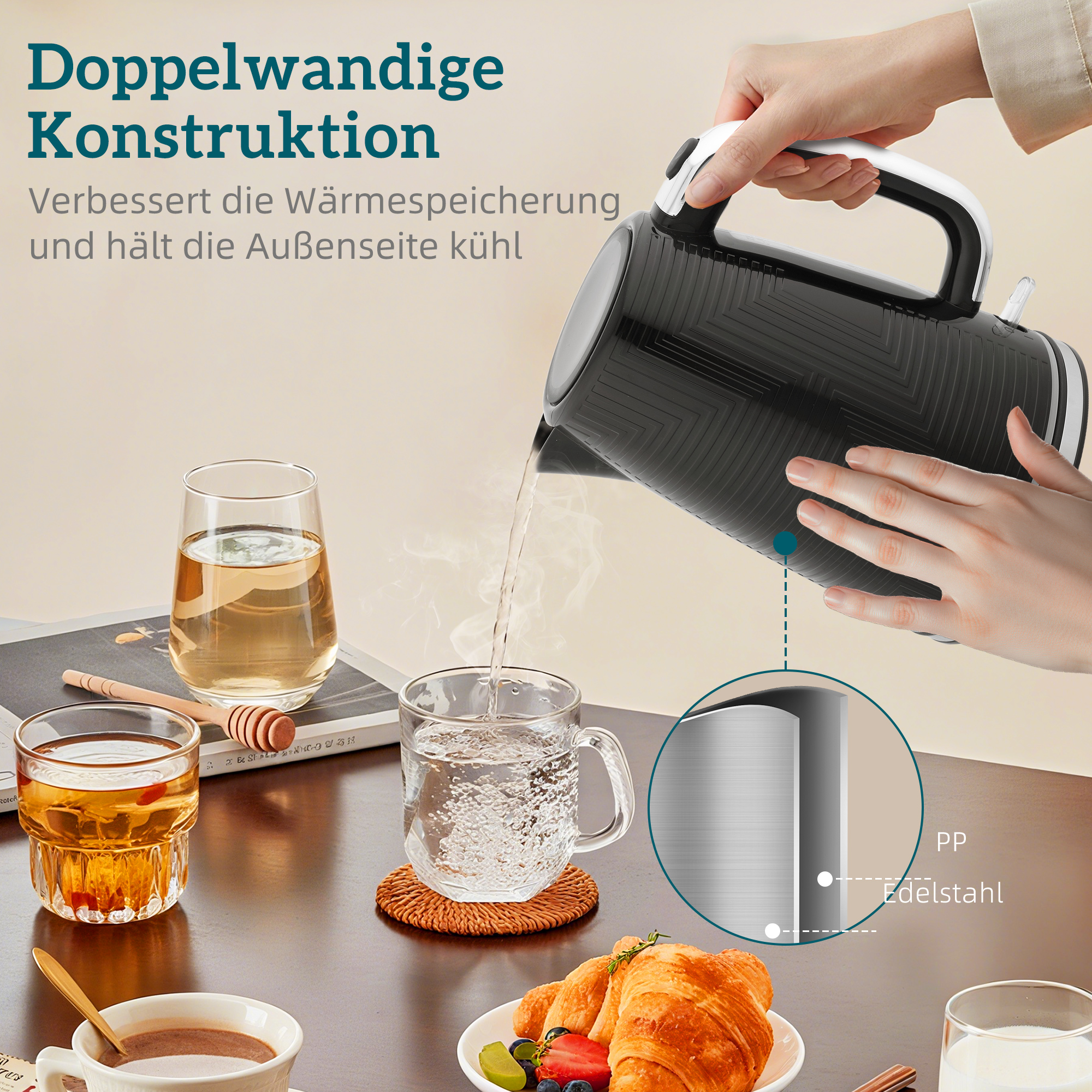 Wasserkocher- und Toaster-Set, 2200W, Otter-Thermostat, 2-Schlitz-Toaster, 7 Bräunungsstufen, Krümelfach, Schwarz
