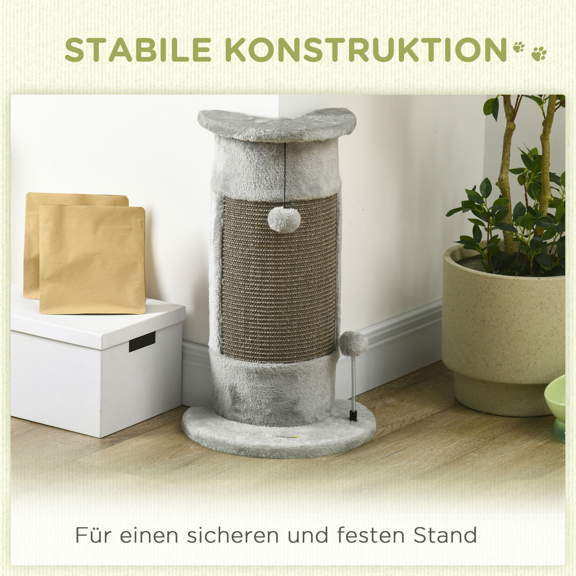 Kratzbaum mit Spielzeug, inkl. 2 Bälle. weicher Plüsch, 34 cm x 25,5 cm x 58 cm, Grau