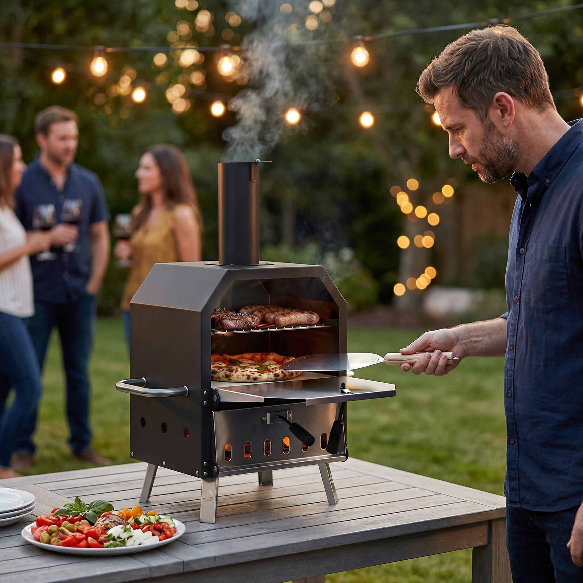 Outdoor-Pizzaofen, holzbefeuerter Pizza-Ofen Edelstahl, 2 Ebenen, Backofen mit Pizzastein