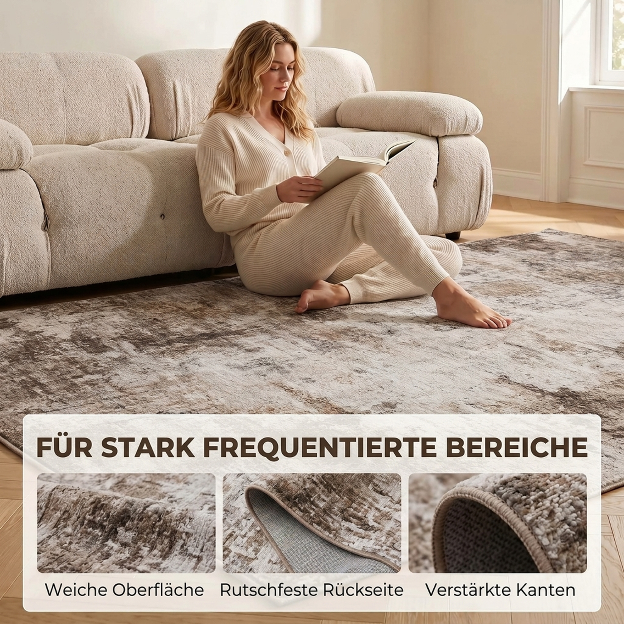 Wohnzimmerteppich, Polyester, modernes künstlerisches Muster, waschbar, Braun