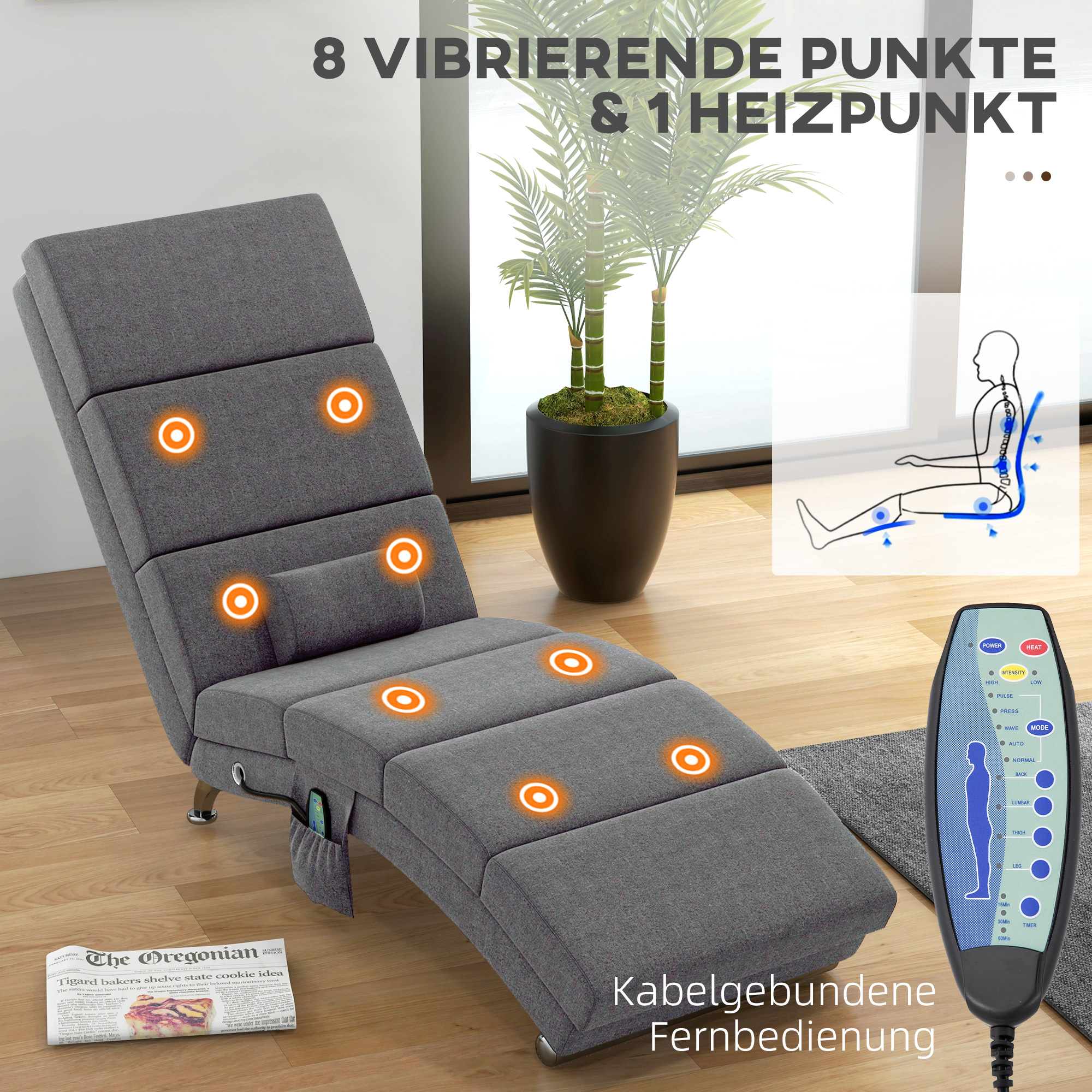 Massagesessel Relaxsessel Liegesessel 8 Vibrationspunkte, 5 Modi, 8 Vibrationspunkte, 56 x 168 x 84 cm, Grau