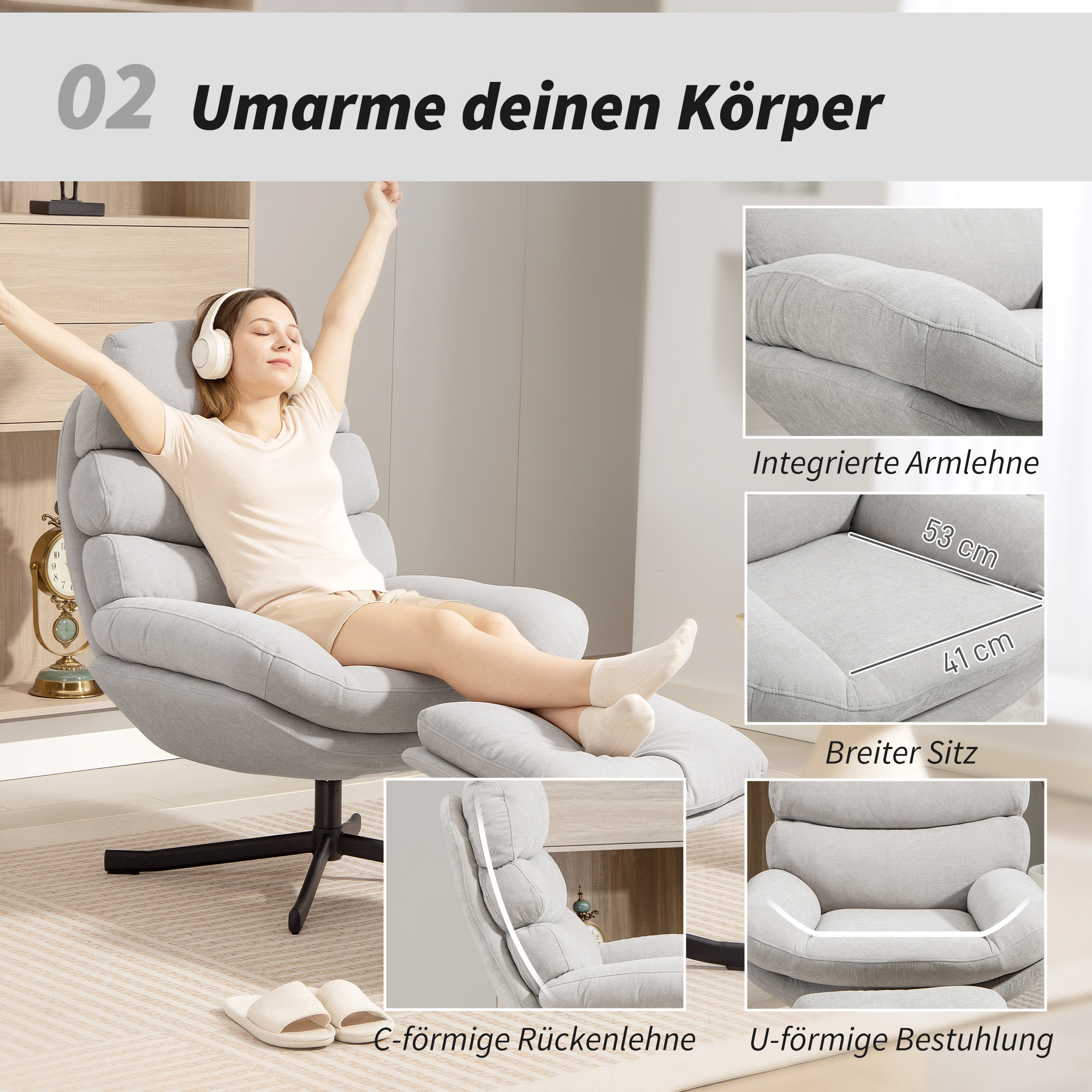 Relaxsessel mit Hocker Sessel Loungesessel mit Chenille-Stoff, Modern Fernsehsessel, 78 x 93 x 100 cm, Cremeweiß