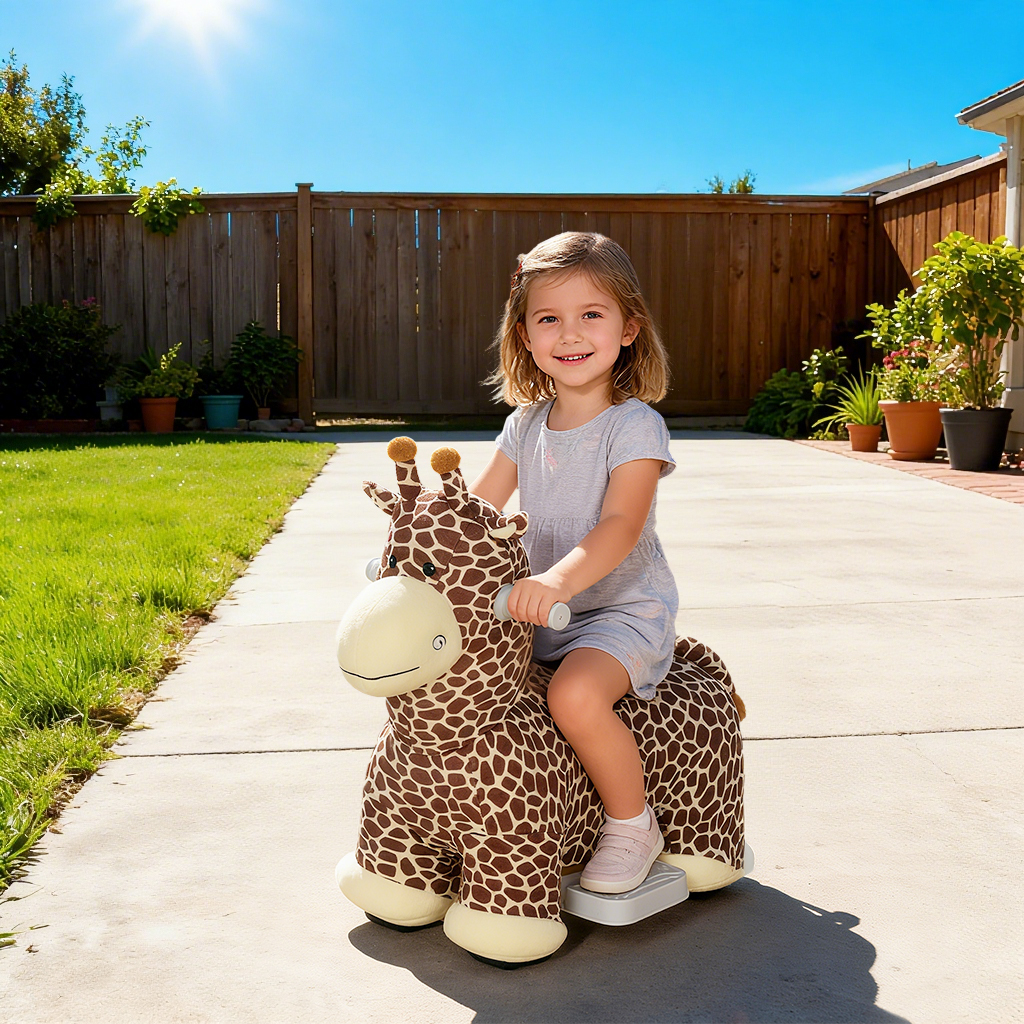 Giraffe zum Reiten, fahrendes Reitpferd in Giraffenform, Batteriebetrieb, waschbarer Bezug, Pedale, leise Räder, Musik, 1,5-5 Jahre, Braun