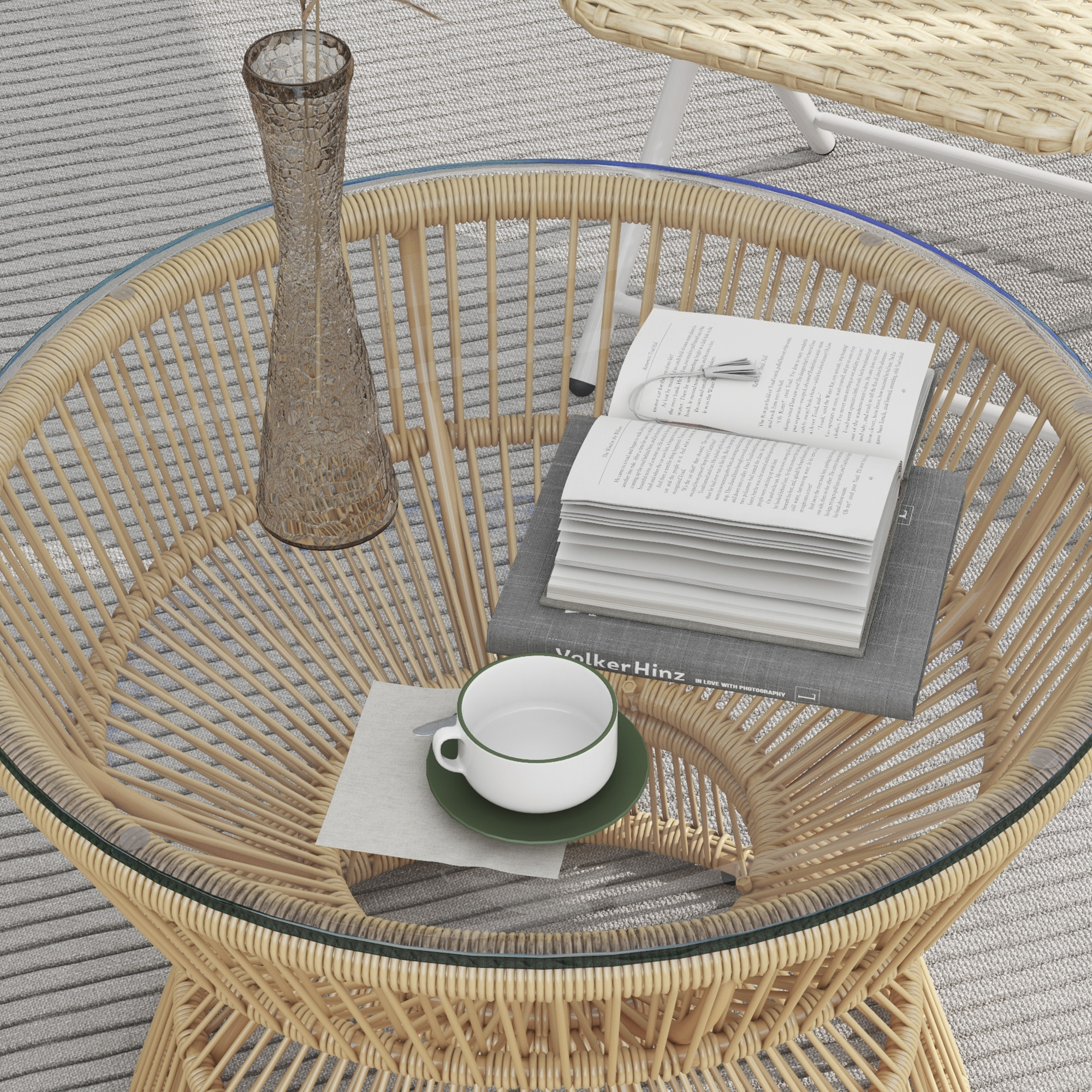 Outdoor-Beistelltisch Gartentisch Rattan-Beistelltisch, Glasplatte, PE-Rattan, 60 cm x 60 cm x 50 cm, Natur