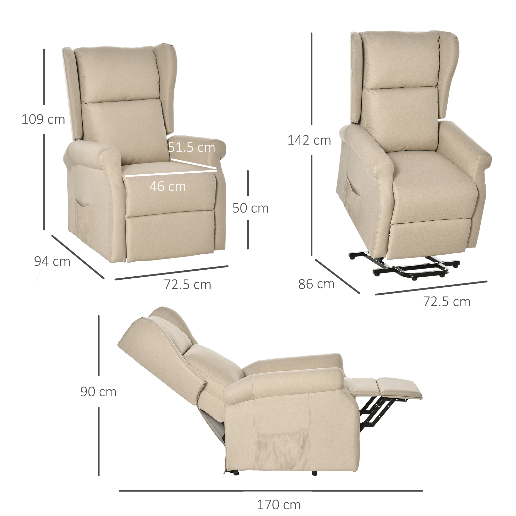 Relaxsessel mit Liegefunktion elektrisch, Seniorensessel mit Aufstehhilfe, , bis 200kg, 72,5x94x109cm, Creme
