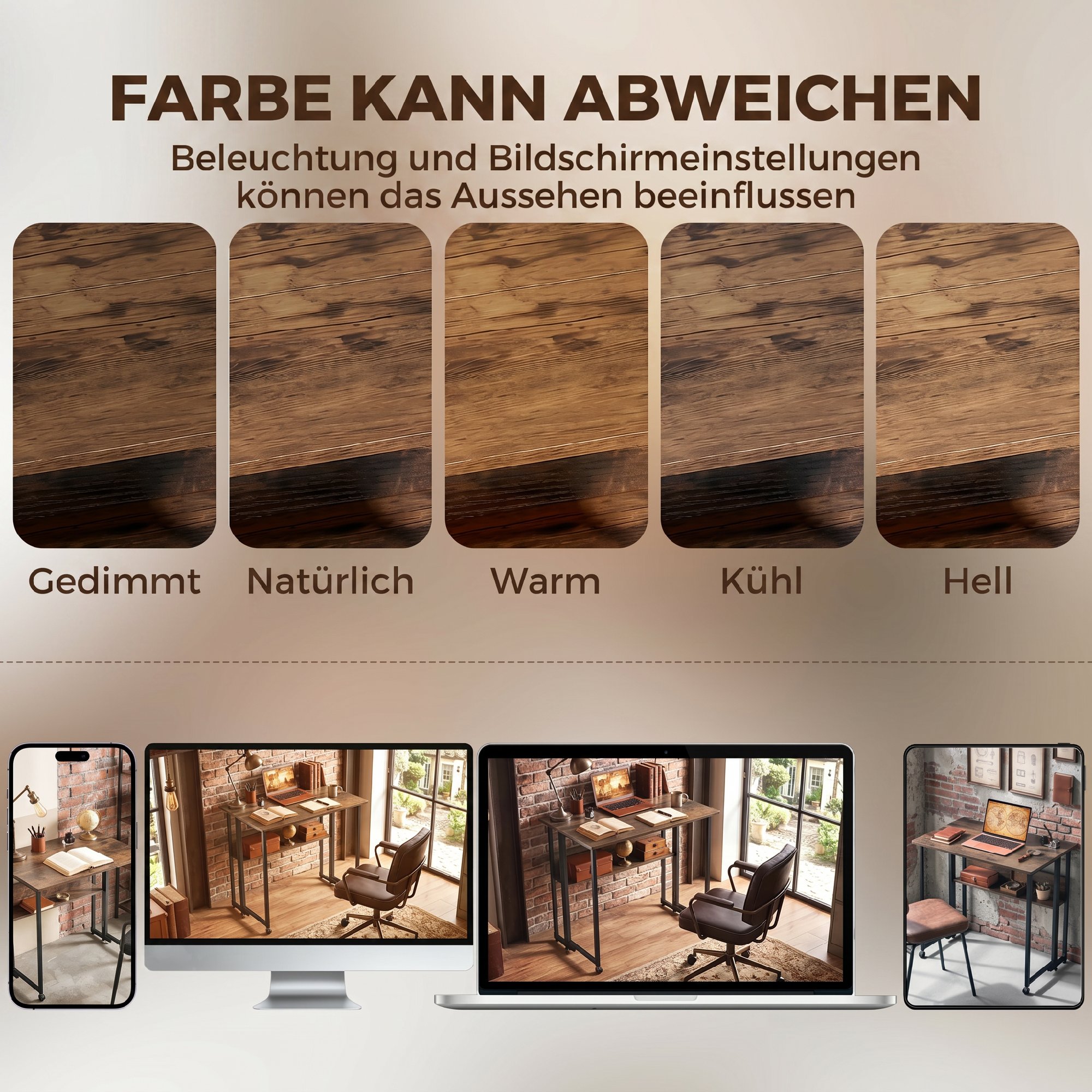 klappbarer Schreibtisch mit Ablagefach, 80 cm Klapptisch für kleine Räume, Büro, Rustikales Braun