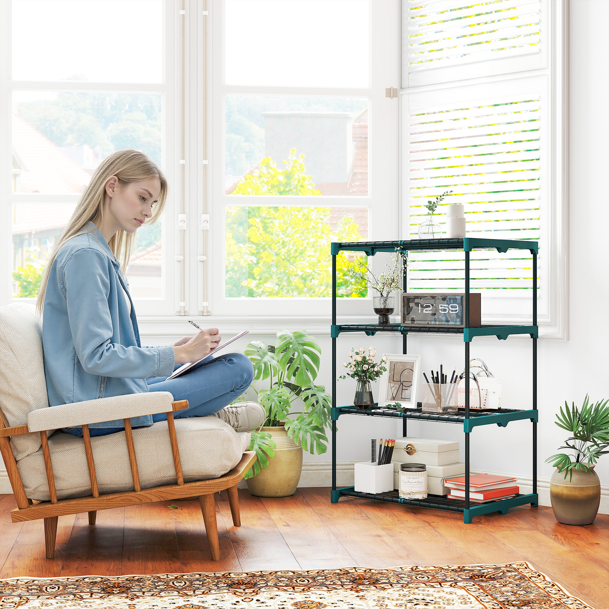 4-Etagen Pflanzenständer, 105 cm hoch Blumenständer für Innen Außen, Pflanzenregal aus Stahl Dunkelgrün
