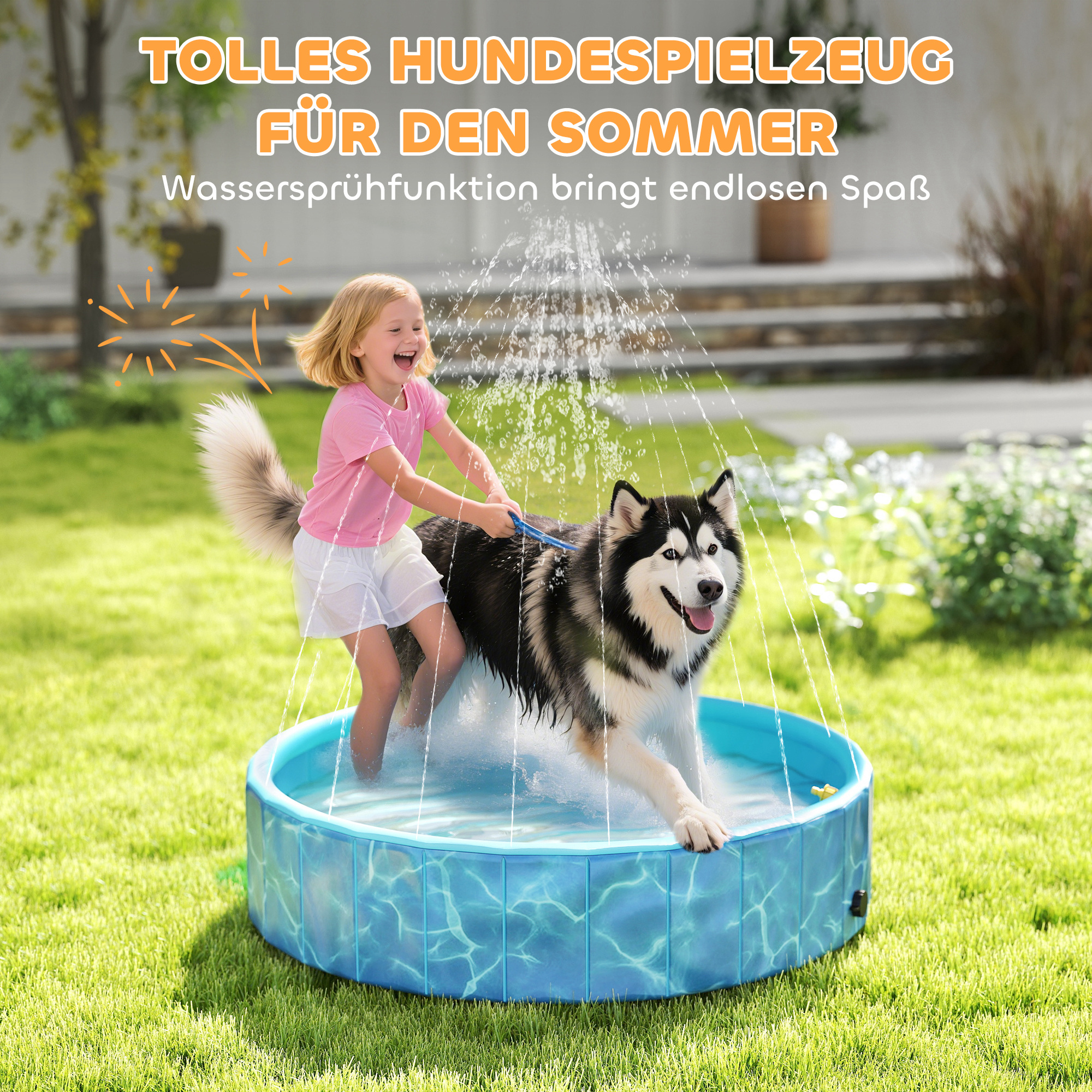 Hundepool Faltbar Planschbecken mit Brunnen- und Wasserpolsterdesign Ø120 x 30 cm Blau