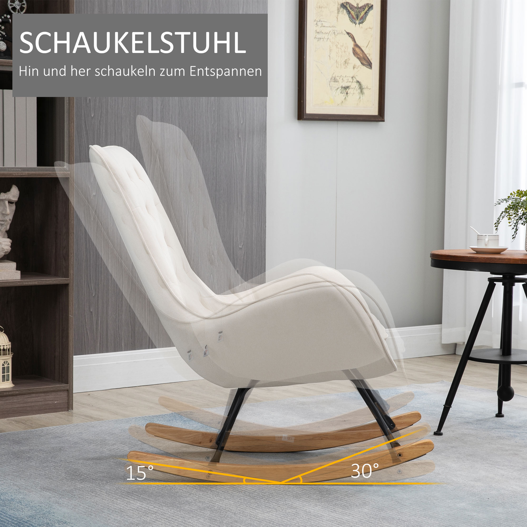 Schaukelstuhl im Skandi-Design Relaxsessel, Knopfheftung, 69 cm x 90 cm x 100 cm, Creme + Natur + Schwarz