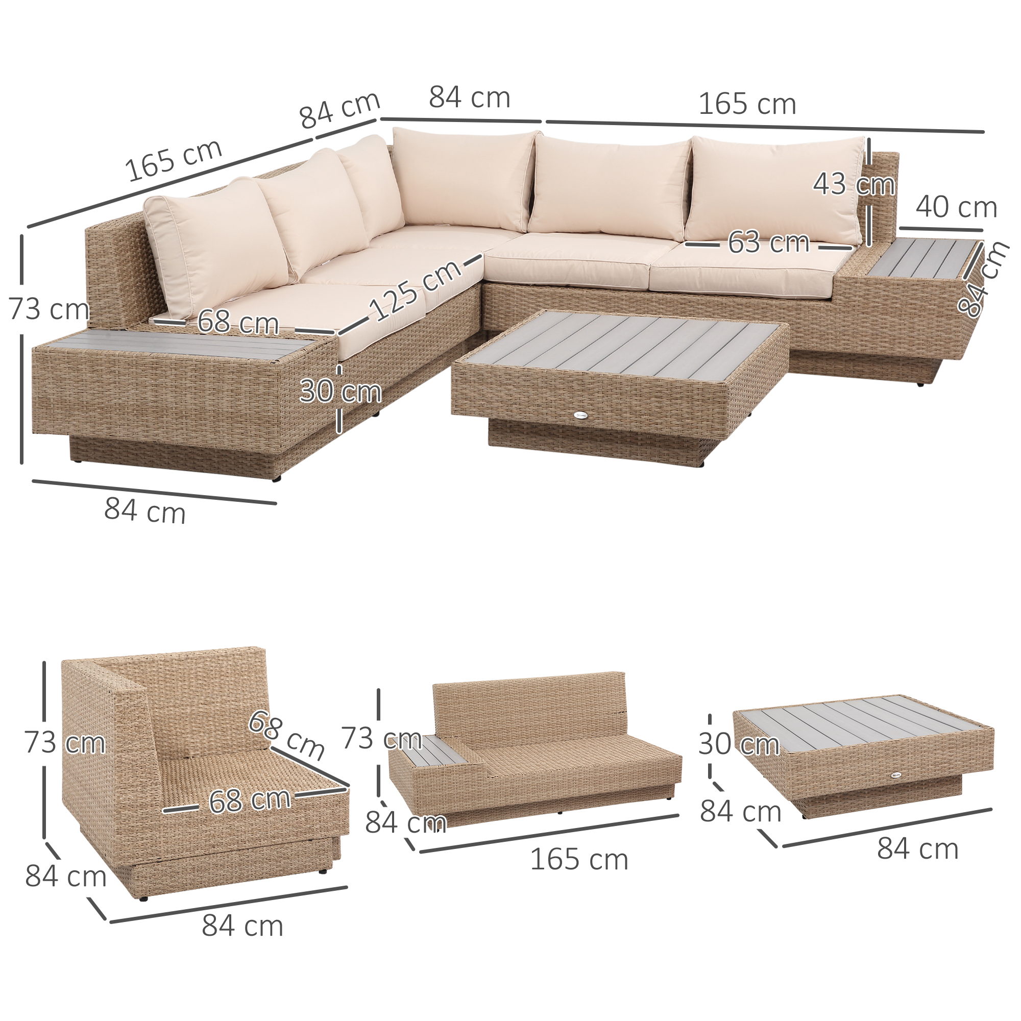 4-tlg. Luxus Polyrattan Gartengarnitur Gartenmöbel Garten-Set Sitzgruppe Loungeset Loungemöbel inkl. Ablagen und Beistelltisch Sitzkissen Braun