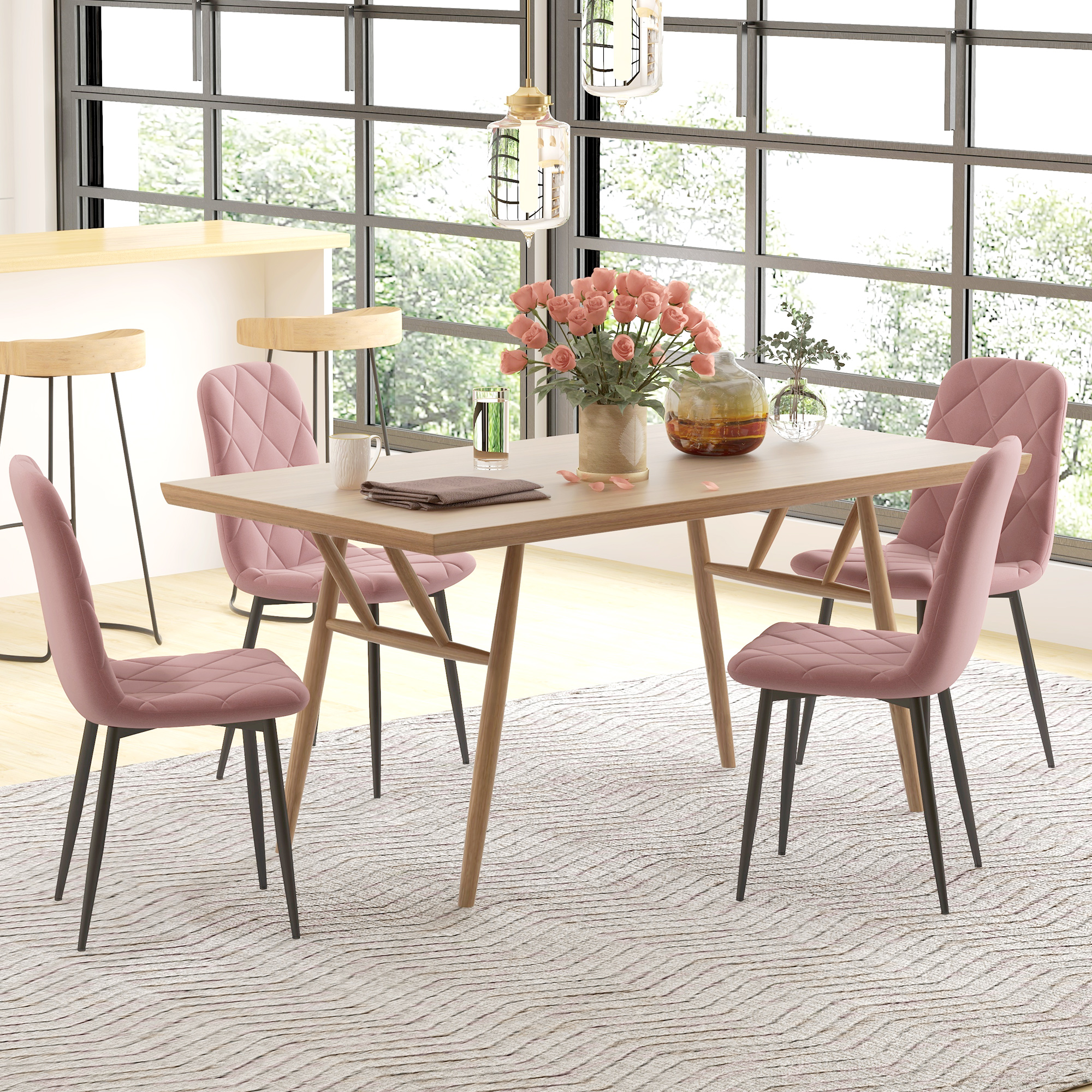 Esszimmerstühle 4er Set Küchenstuhl mit Rückenlehne, Samtoptik, Sessel 45 x 54 x 87 cm Rosa
