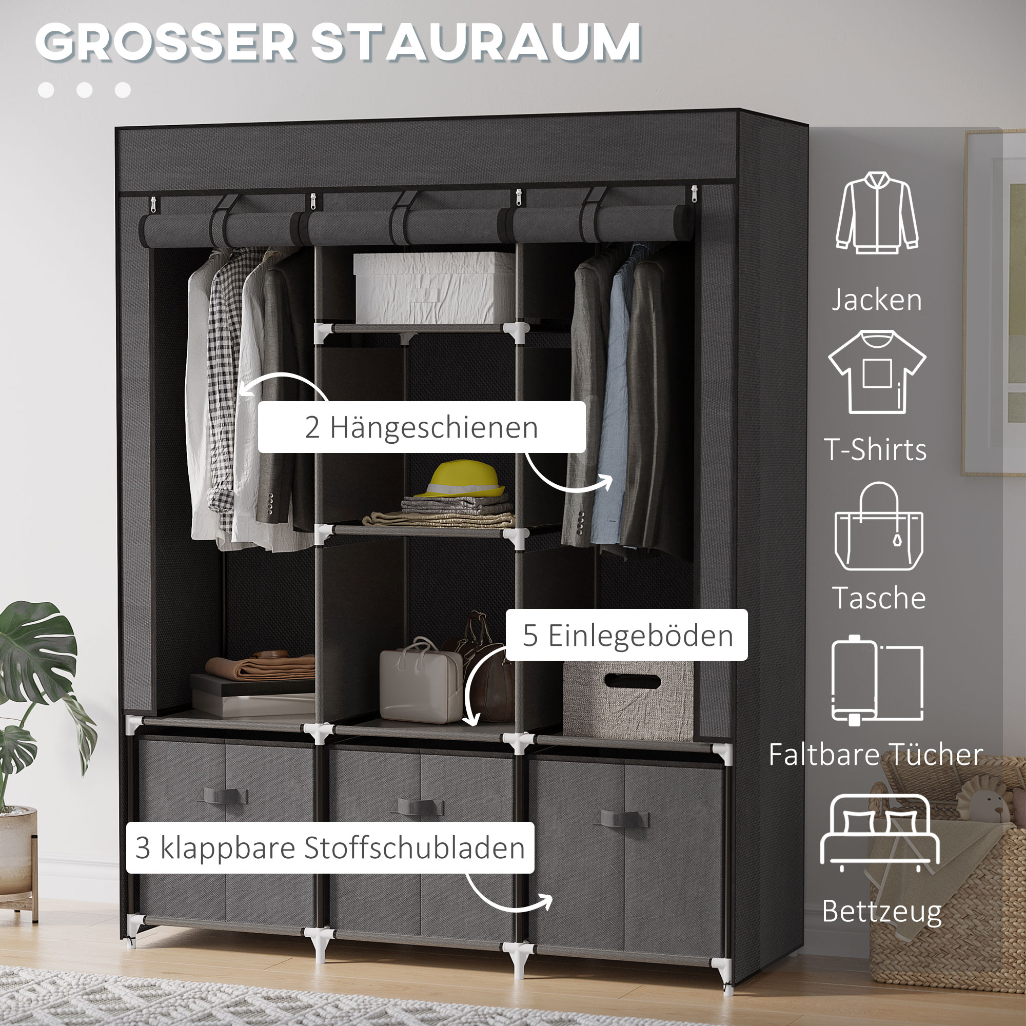 Stoffschrank aus Vlies, Faltschrank, inkl. 3 Schubladen, 125 cm x 43 cm x 162,5 cm, Grau