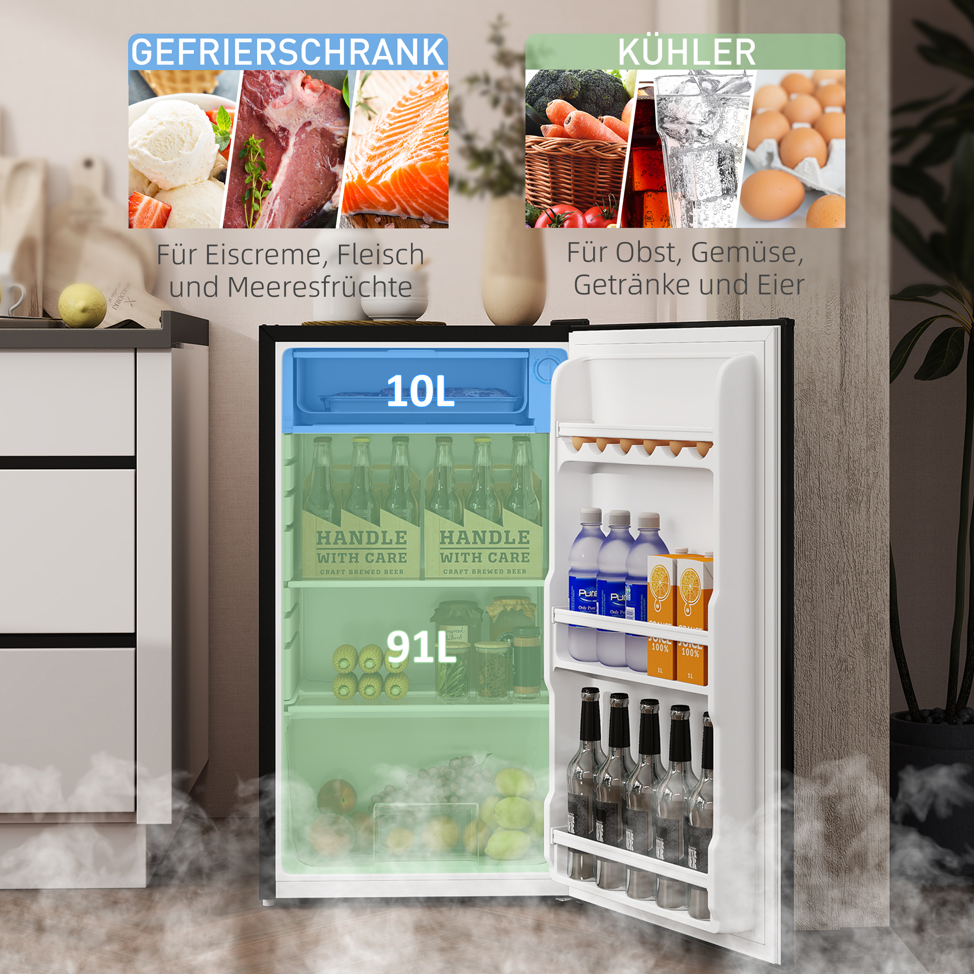 Mini-Kühlschrank, 91 Liter Kapazität, Gefrierfach, verstellbare Fächer, leiser Betrieb, kompakte Größe, Stahl, Schwarz