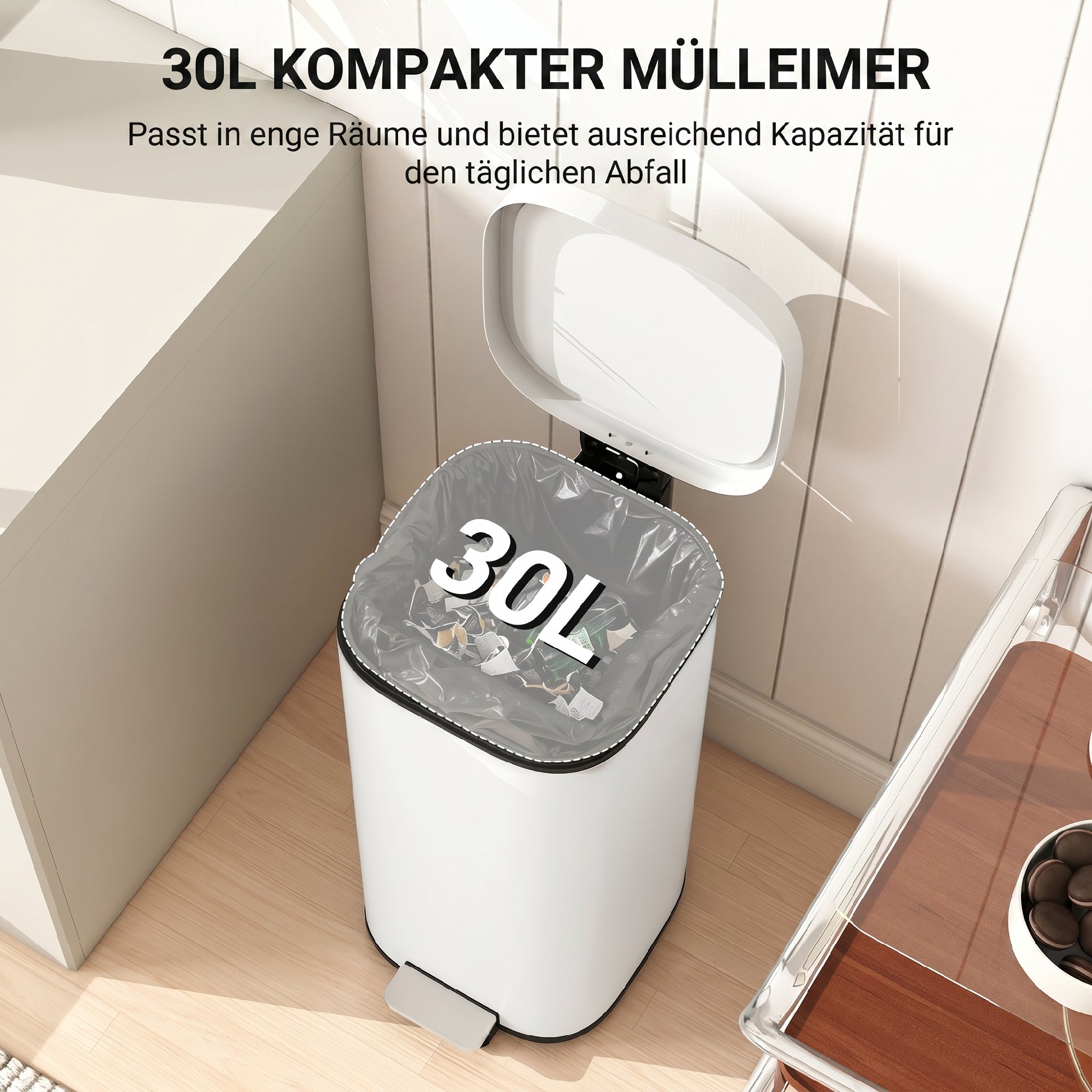 30L Küchenmülleimer Pedaleimer mit Deckel, Soft-Close- und Offenhalte-Funktion für Küche, Zuhause