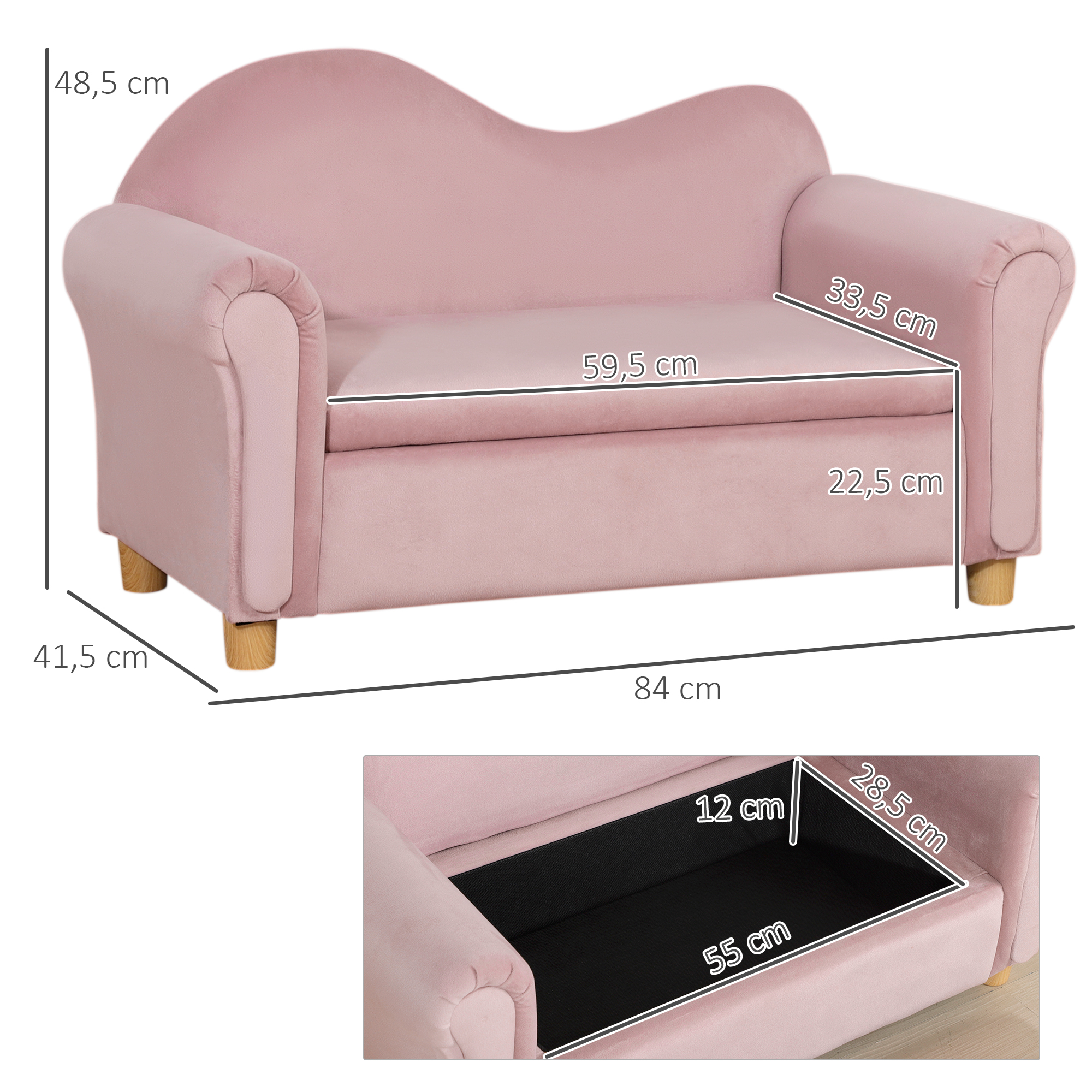 Kindersofa, Zweisitzer für Kinder 3-5 Jahre, Stauraum, Naturholzrahmen, 84 x 41,5 x 48,5cm, rosa