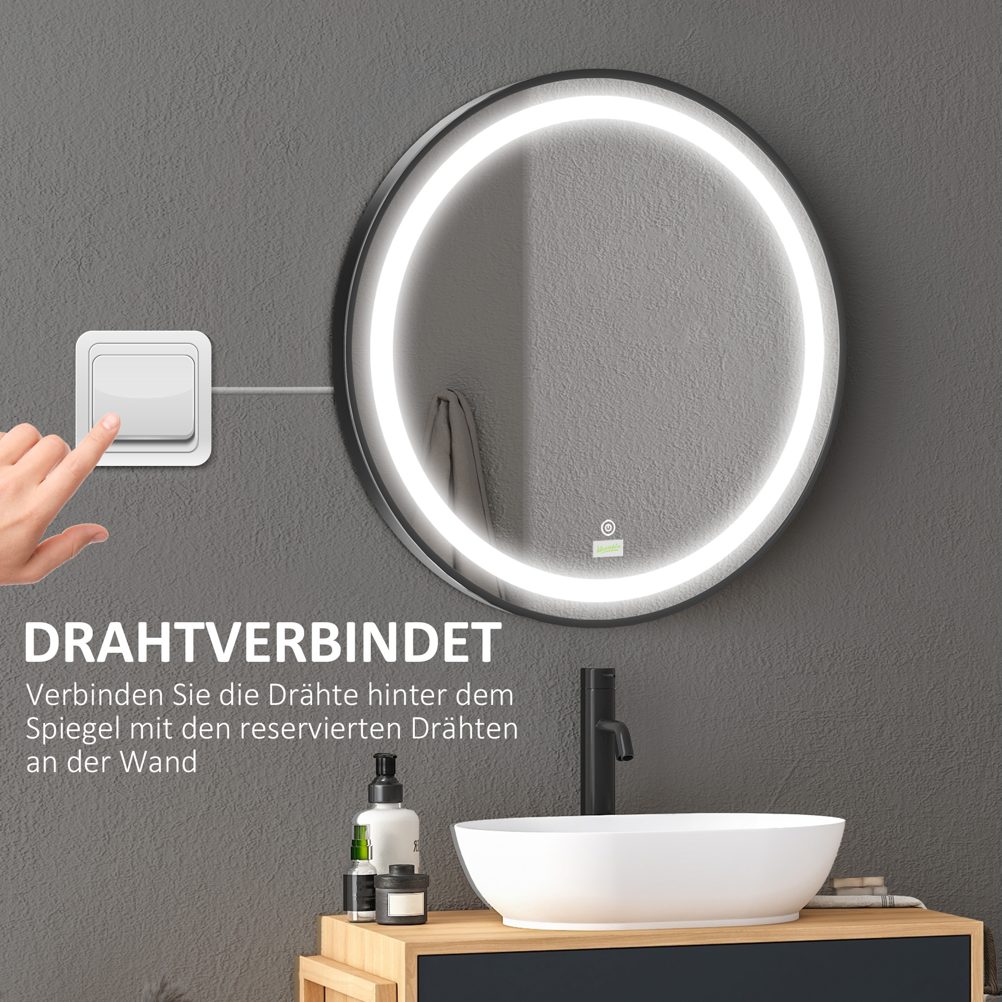 Badezimmerspiegel, LED-Beleuchtung, dimmbar, 3 Lichtfarben, Metallrahmen, Ø60 cm, Schwarz