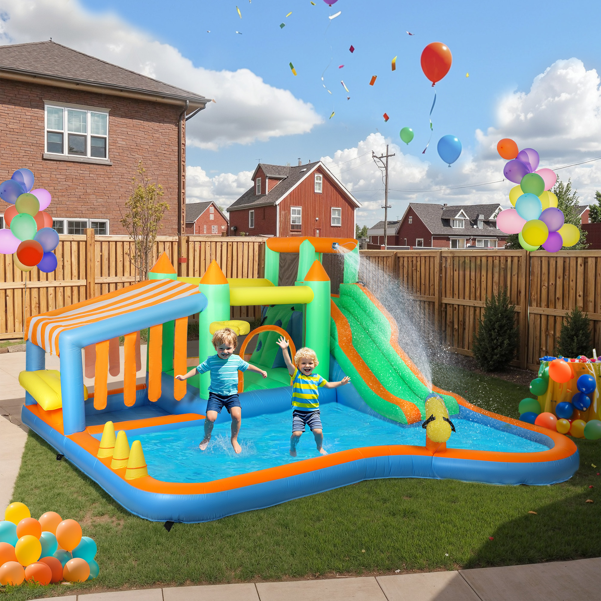 Hüpfburg für Kinder, mit Wasserrutsche, Planschbecken, Kletterwand, für drinnen und draußen, 360 x 315 x 195 cm, Bunt