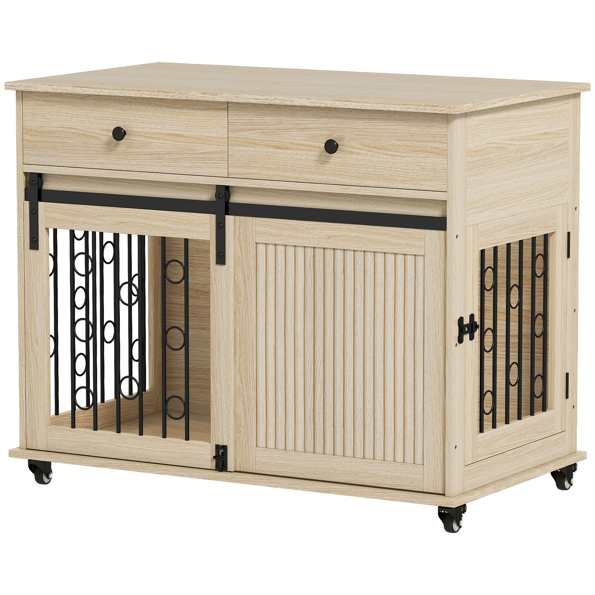 Hundebox auf Rädern, 2 Türen, 2 Schubladen, für mittlere und große Hunde, Holz, Stahl