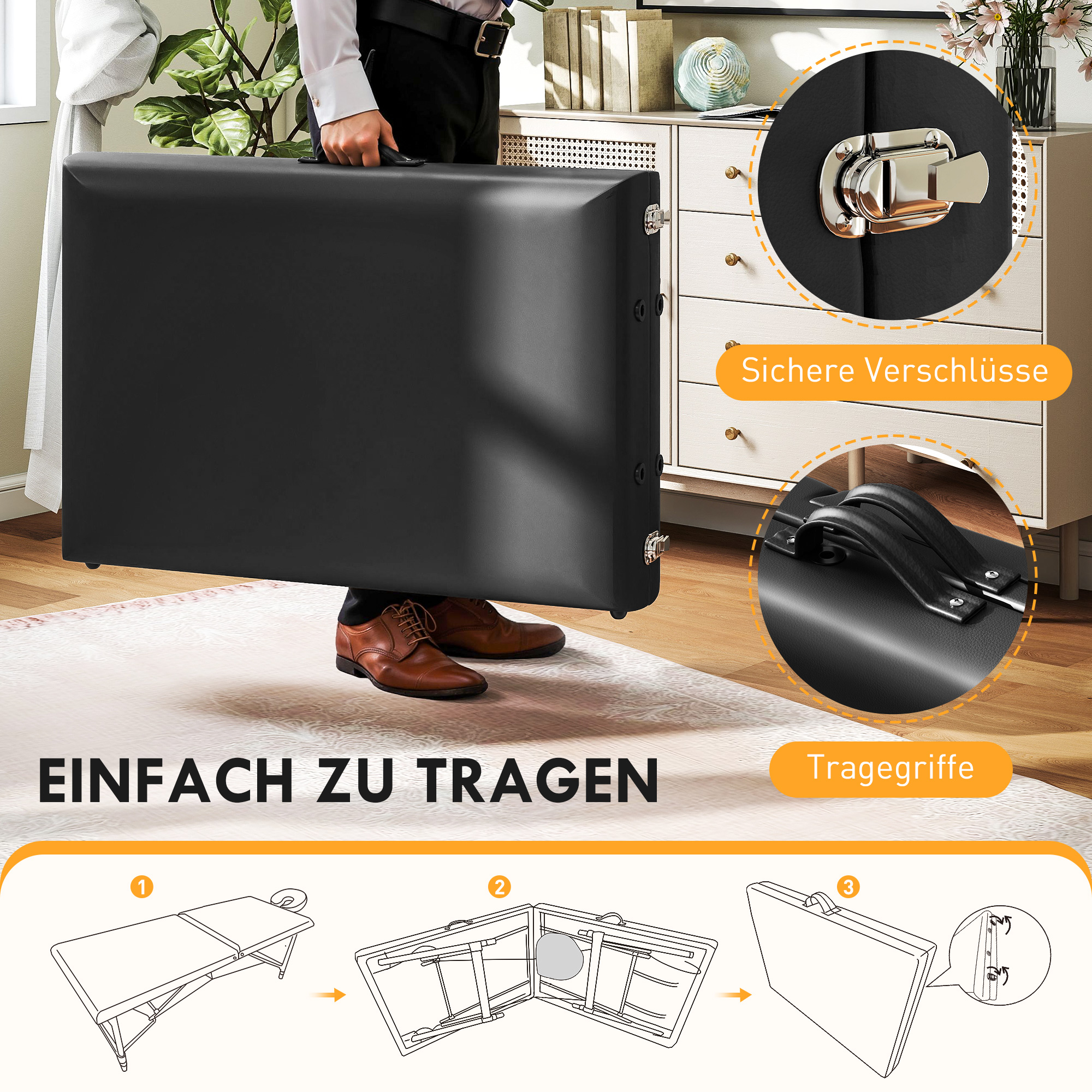 höhenverstellbarer Massagetisch, Holzgestell, Klappbares Massagebett, Schaumstoffpolsterung, Schwarz