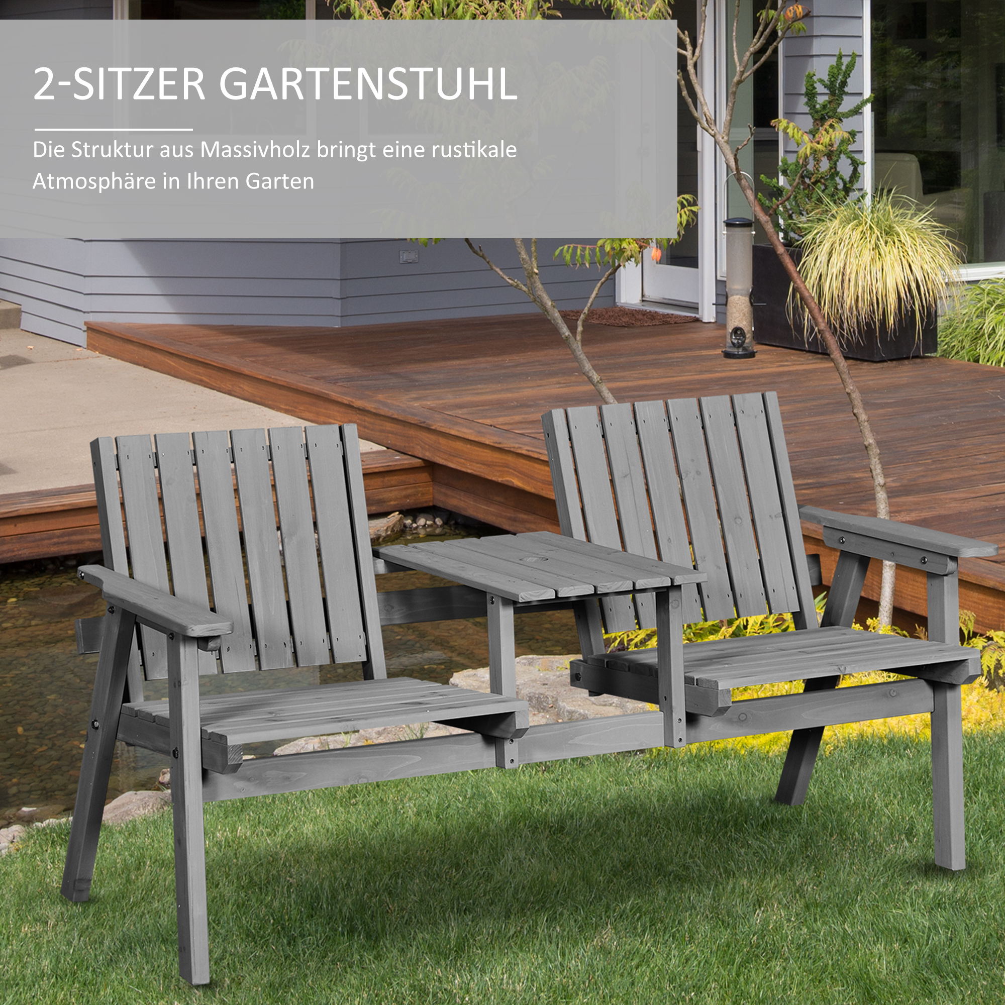 Gartenbank mit Tisch, Sitzgruppe, Gartenmöbel, mit Regenschirmloch, Sitzbank, 2 Stühle, Massivholz, Grau, 152 x 70 x 83 cm