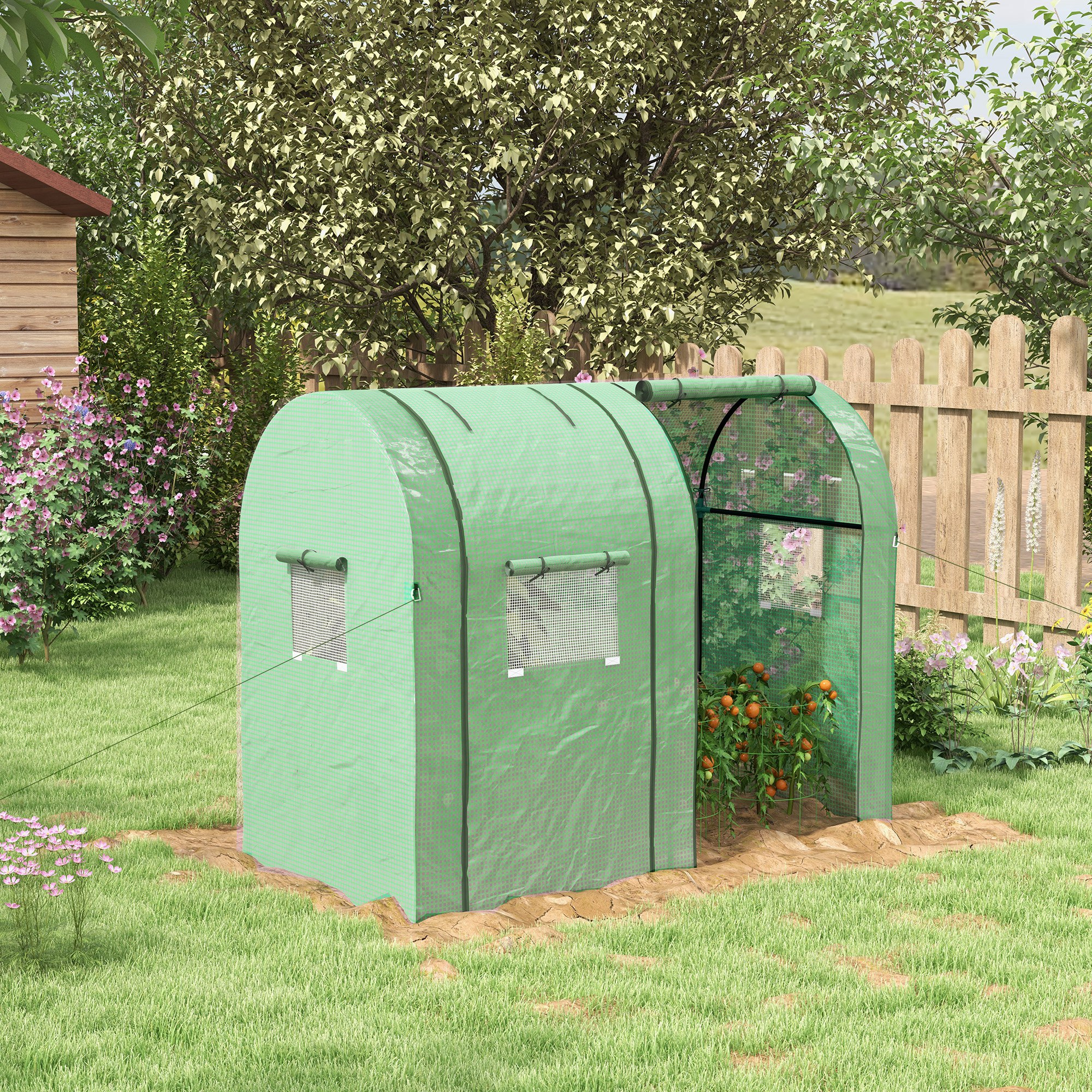 Mini-Gewächshaus Gewächshaus Treibhaus, 2 Pflanzbereiche, aufrollbare Türen, 185 x 94 x 150 cm, Grün
