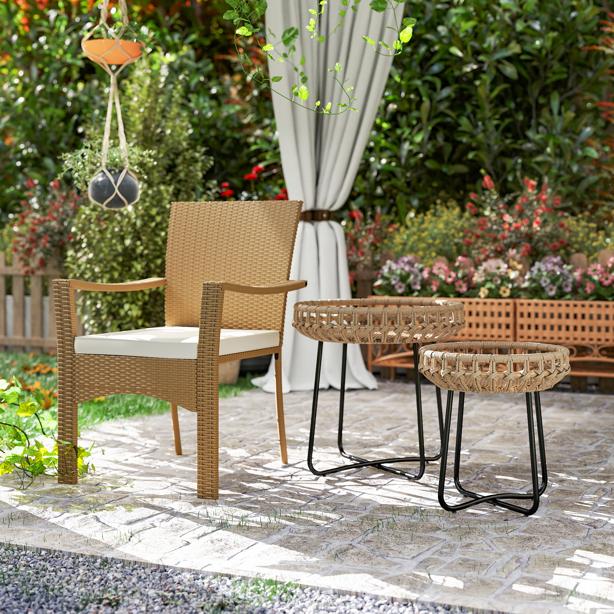 2er Set Beistelltisch Polyrattan Ø60/41 cm rund wetterfest Gartentisch mit X-Beine Verstellbare Fußpads Braun