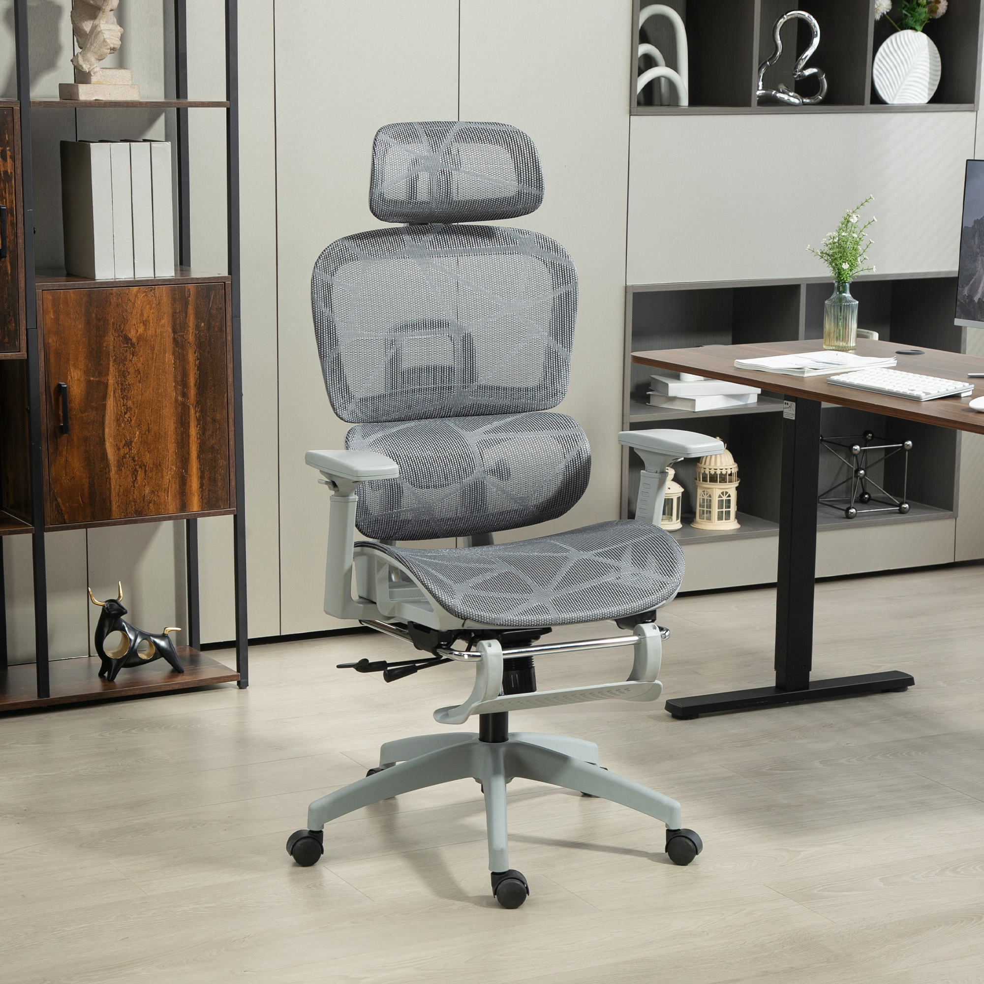 Bürostuhl, ergonomischer Schreibtischstuhl mit Netzstoffbezug, verstellbar, rollbar, mit Armlehnen, Kopfstütze, Grau