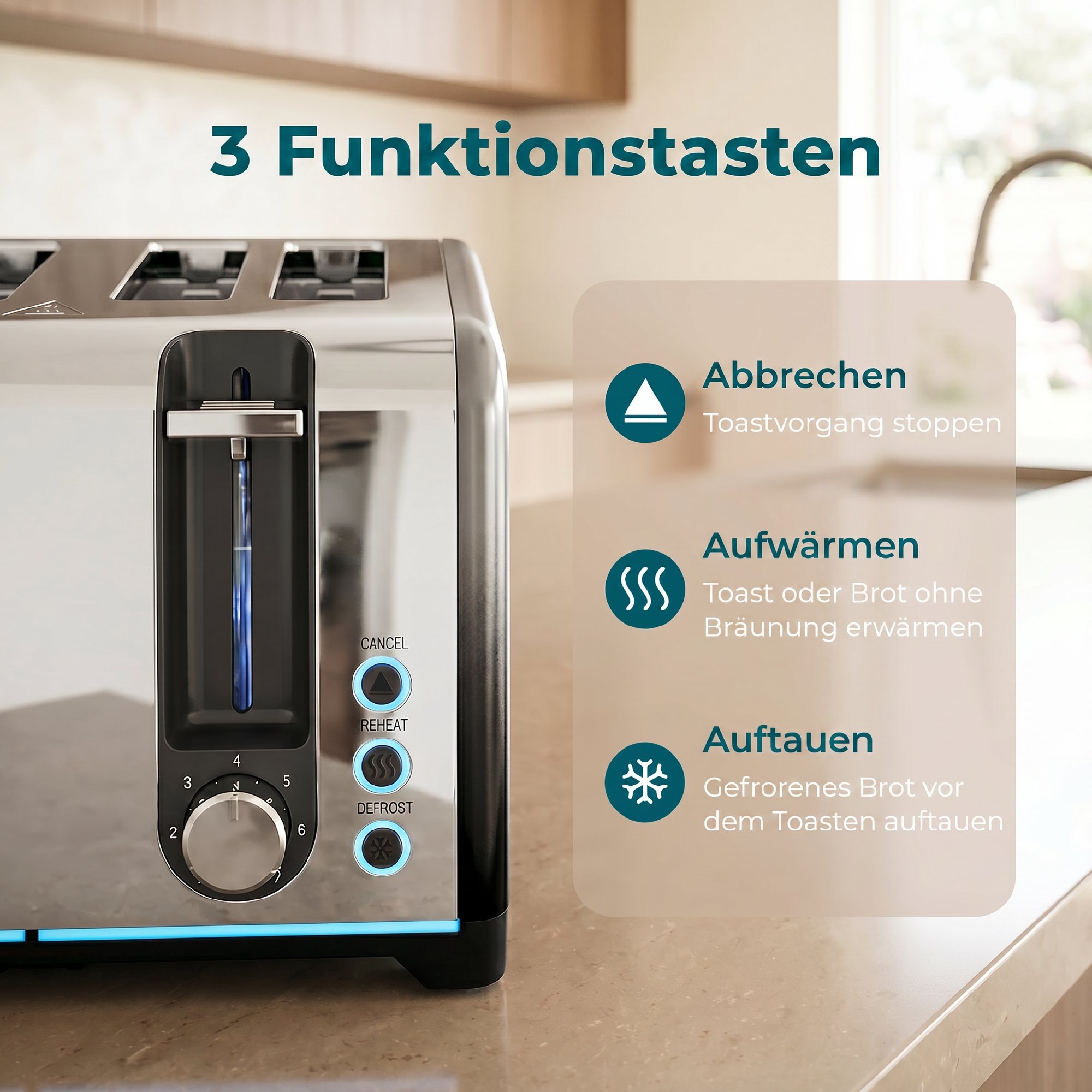 4-Scheiben-Toaster mit 7 Bräunungsstufen, Aufwärm-, Auftau- und Abbruchfunktion