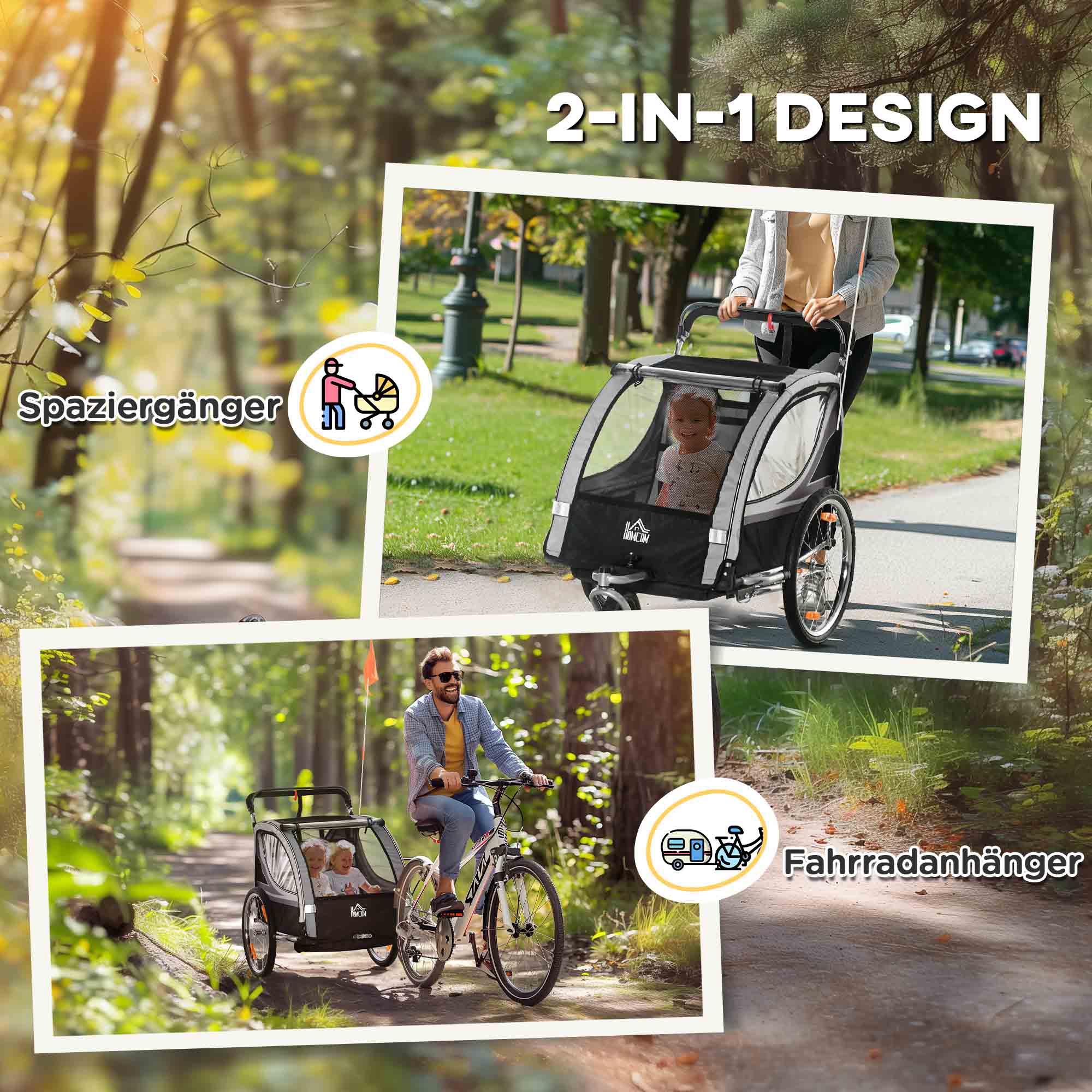 Kinderfahrradanhänger, Schiebewagen, mit Bremsen, klappbar, für 2 Kinder, Grau/Schwarz