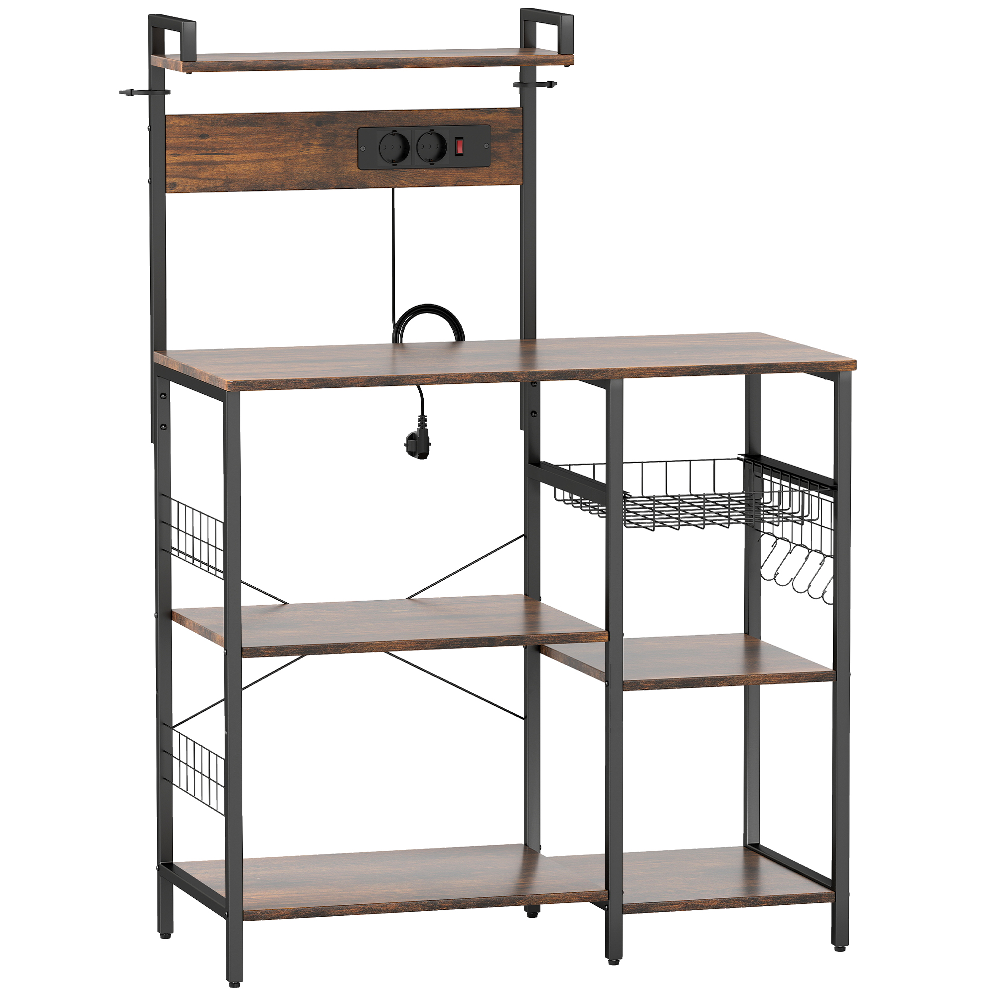 Küchenregal, Standregal mit 2 Steckdosen, 5 S-Haken, 5 Ablagen, Korb, X-Streben Stahl 90 x 42 x 130 cm