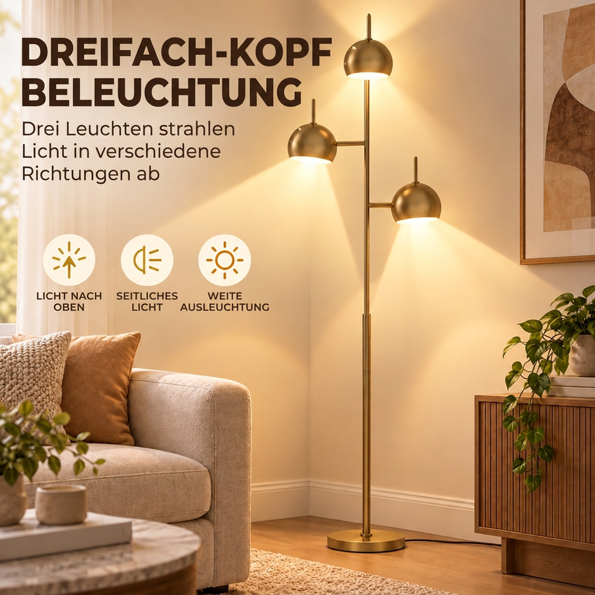 Stehlampe 350° verstellbar für Wohnzimmer und Büro Stehleuchte mit 3 Schirmen aus Stahl Gold