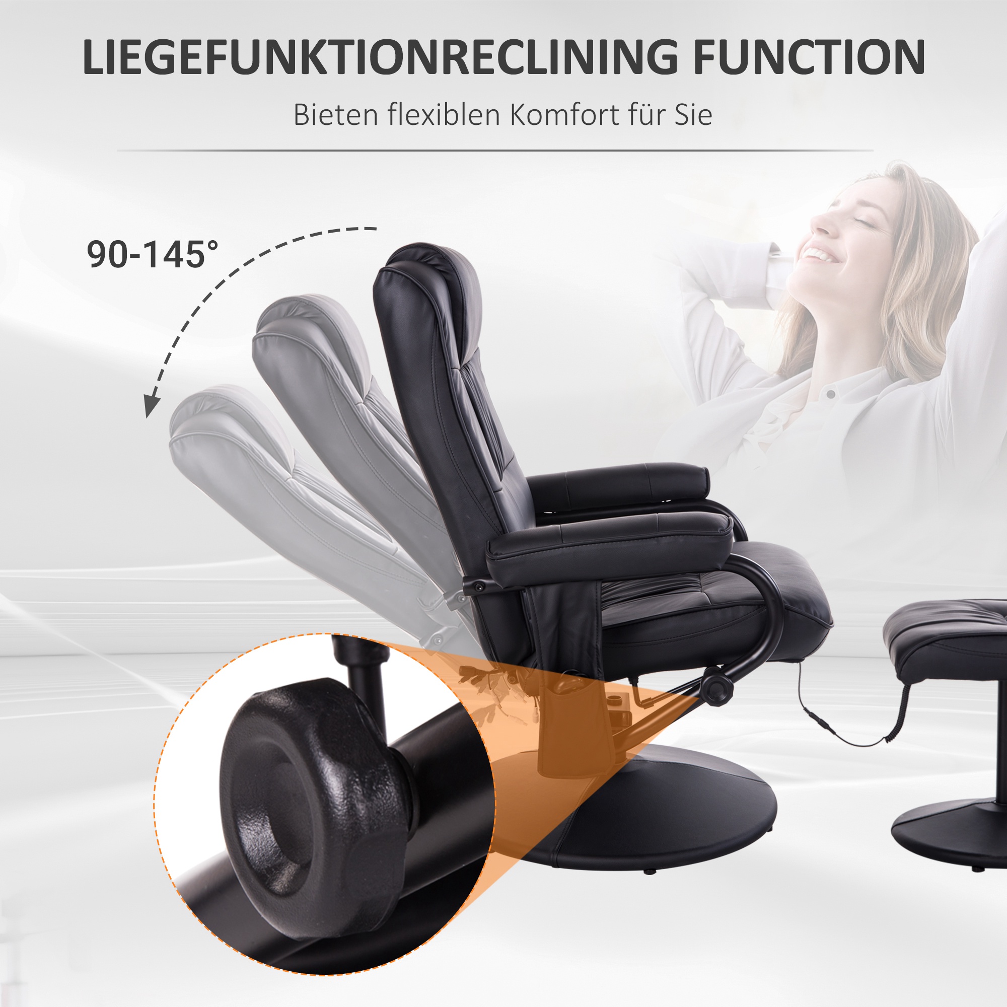 Massagesessel mit Hocker, Drehbares Relaxsessel mit Massagefunktion, Fernsehsessel mit Liegefunktion, Fernbedienung für Wohnzimmer, Kunstleder, Schwarz