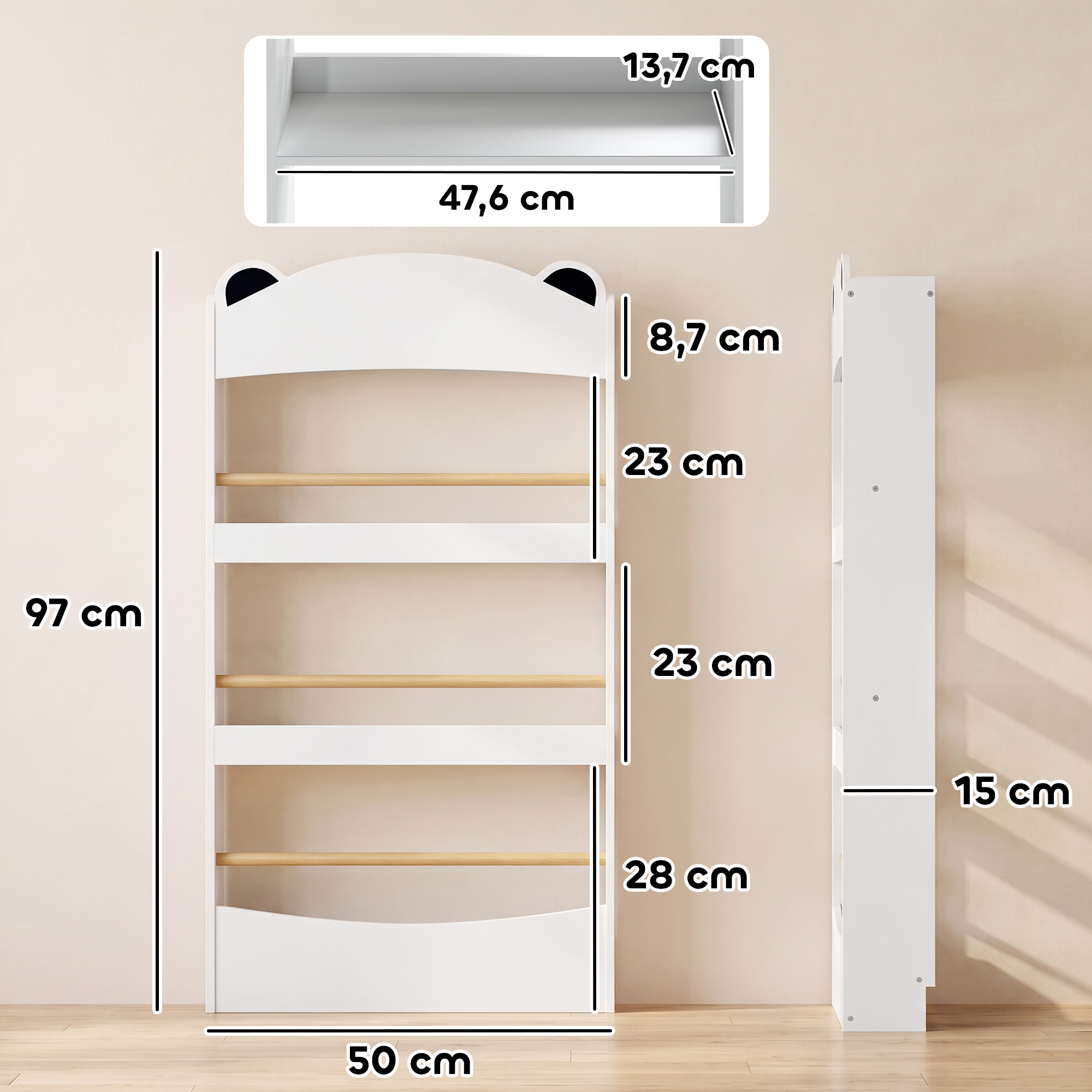 Bücherregal Kinder, Wandmontiert Kinderregal mit 4 Ebenen, Wandregal mit bärenförmige Design, 50 x 15 x 97 cm Weiß