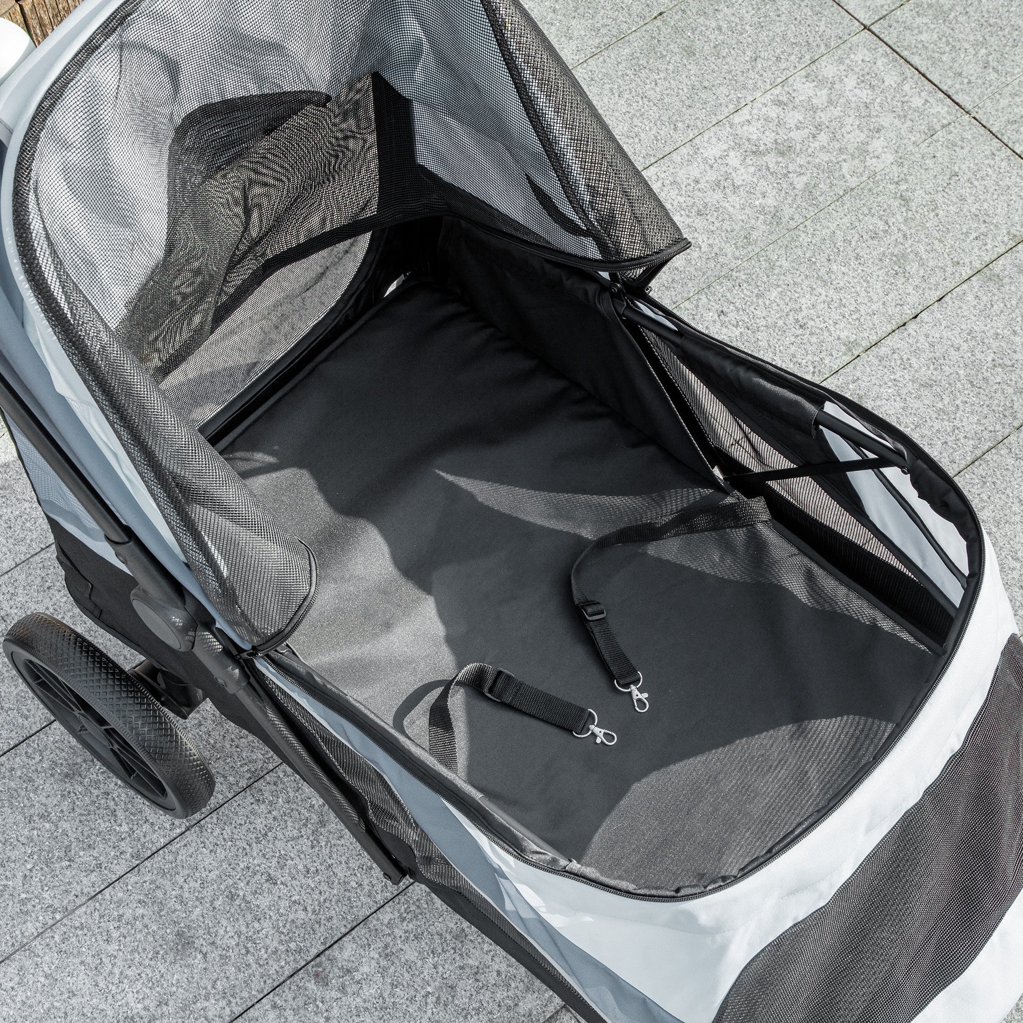 Hundewagen, Faltbarer Hundebuggy für große Hunde, Haustierwagen mit 4 Rädern, Sicherheitsleinen, Bremsen, Grau