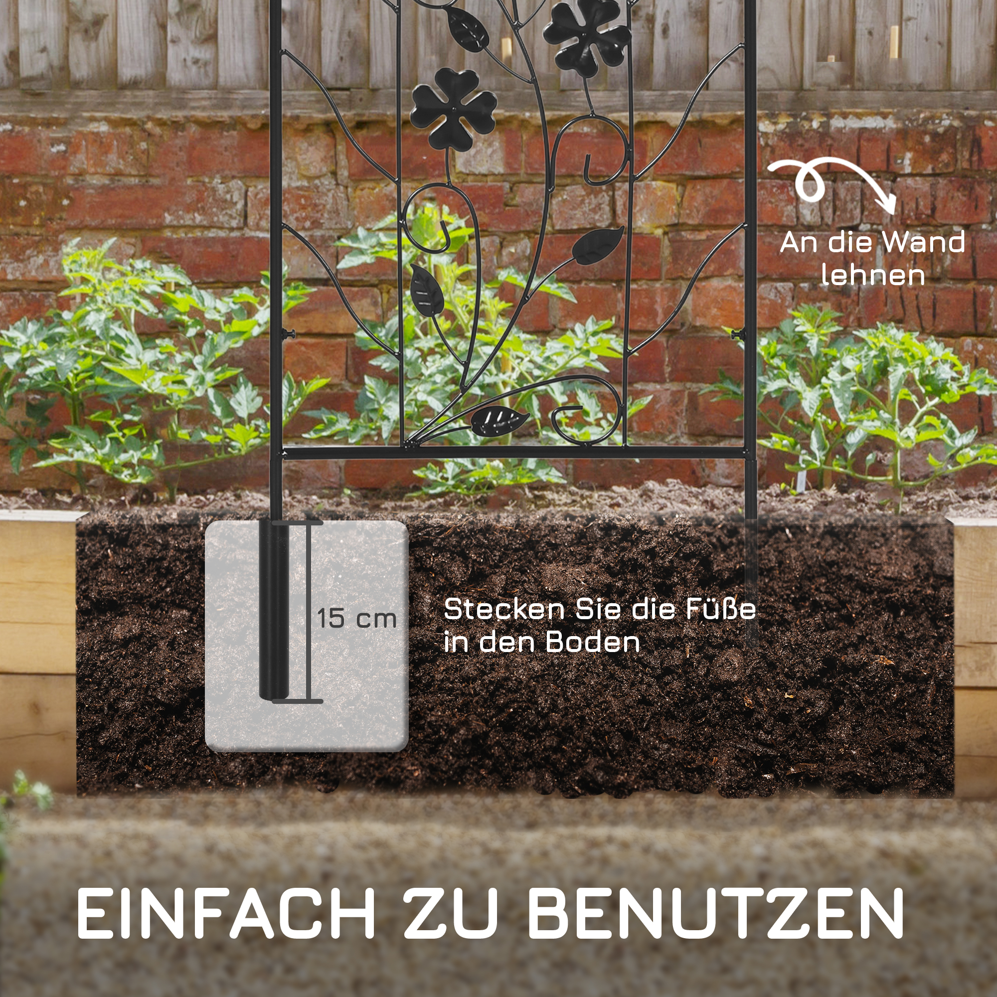 2er-Set Metallspalier, mit Vogel- und Kleeverzierung, für Garten & Terrasse, schwarz, 38 x 98 cm