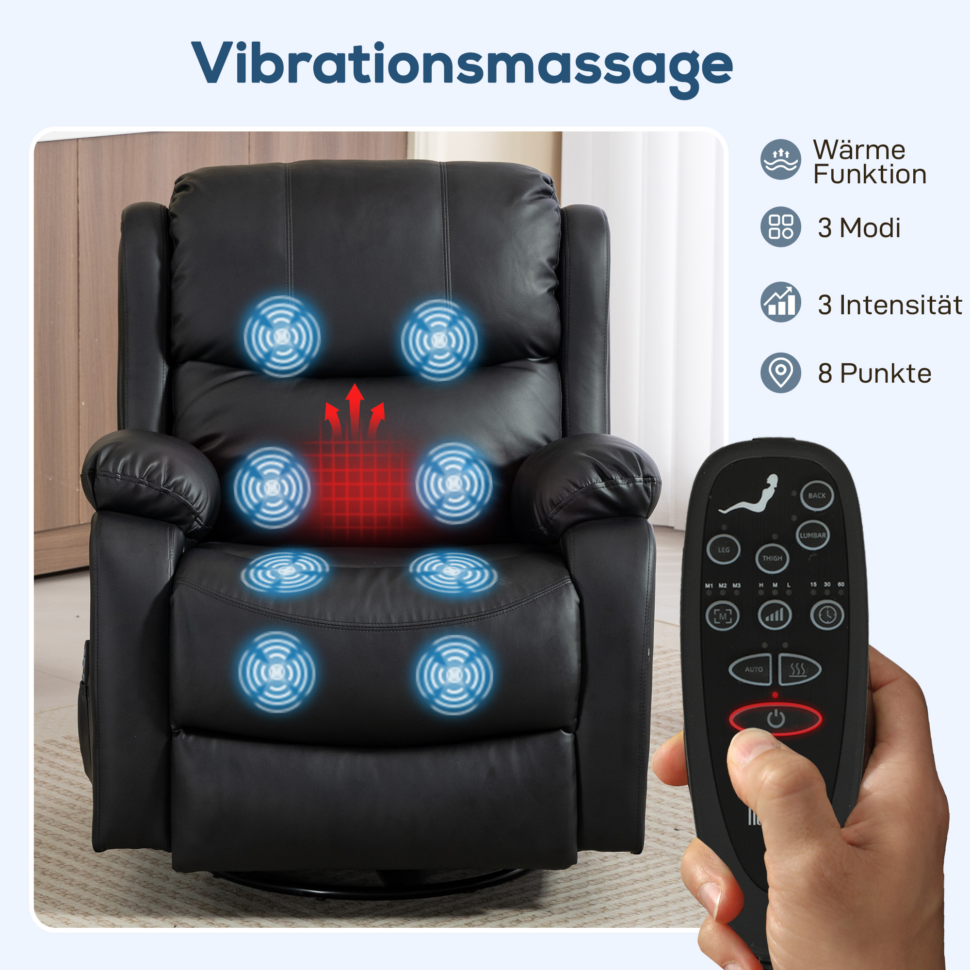 Massagesessel, Wärme- & Liegefunktion, Kunstleder, bis 150kg, 97x92x104cm, Schwarz