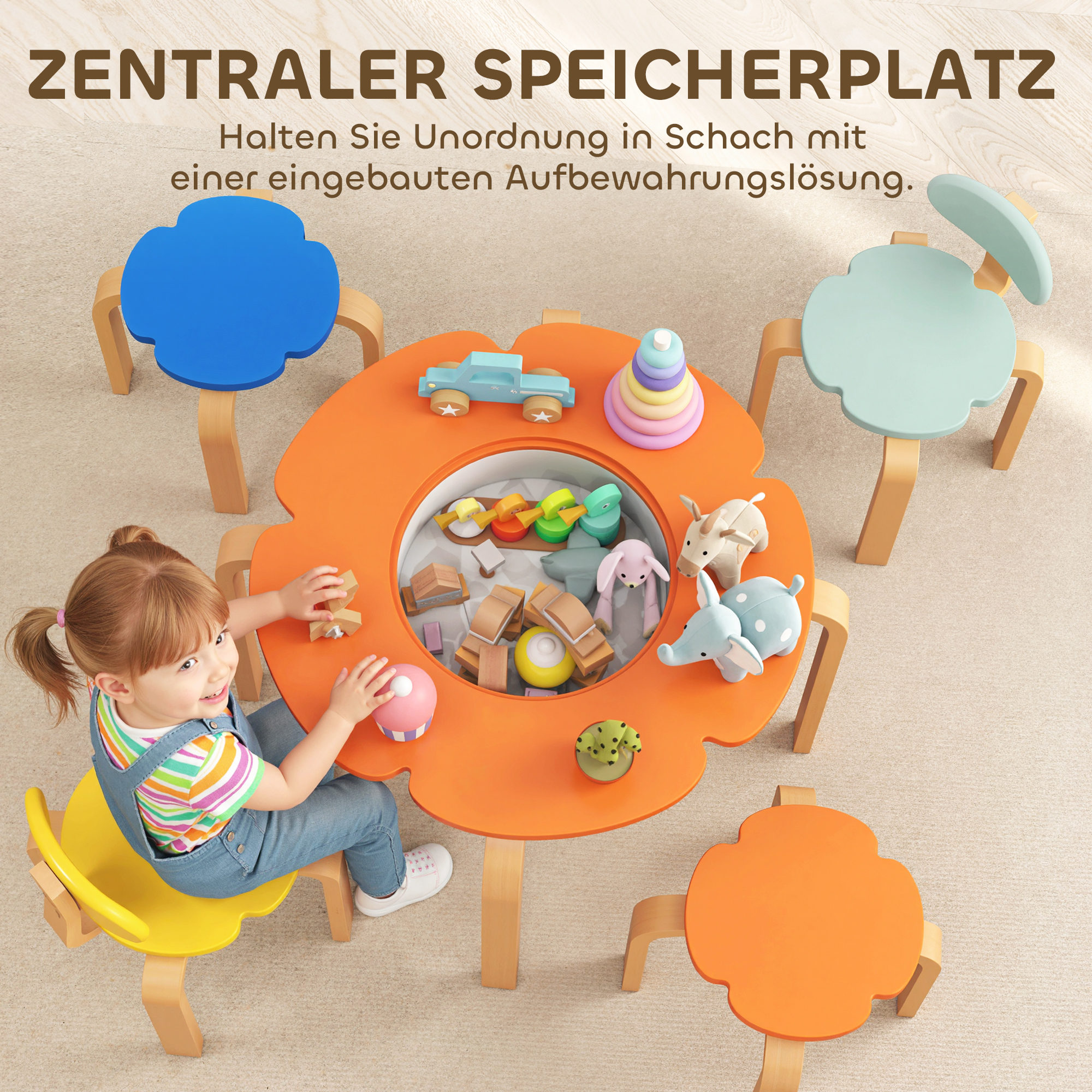 5-teiliges Kindertisch- und Stuhl-Set, mit Aufbewahrungstasche, Blumenform, für Spielzimmer, Kinderzimmer, Holz, Bunt